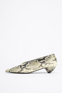 Snake print leather low heel court shoe