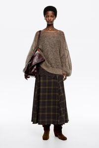 Dark khaki checked wool A-line skirt