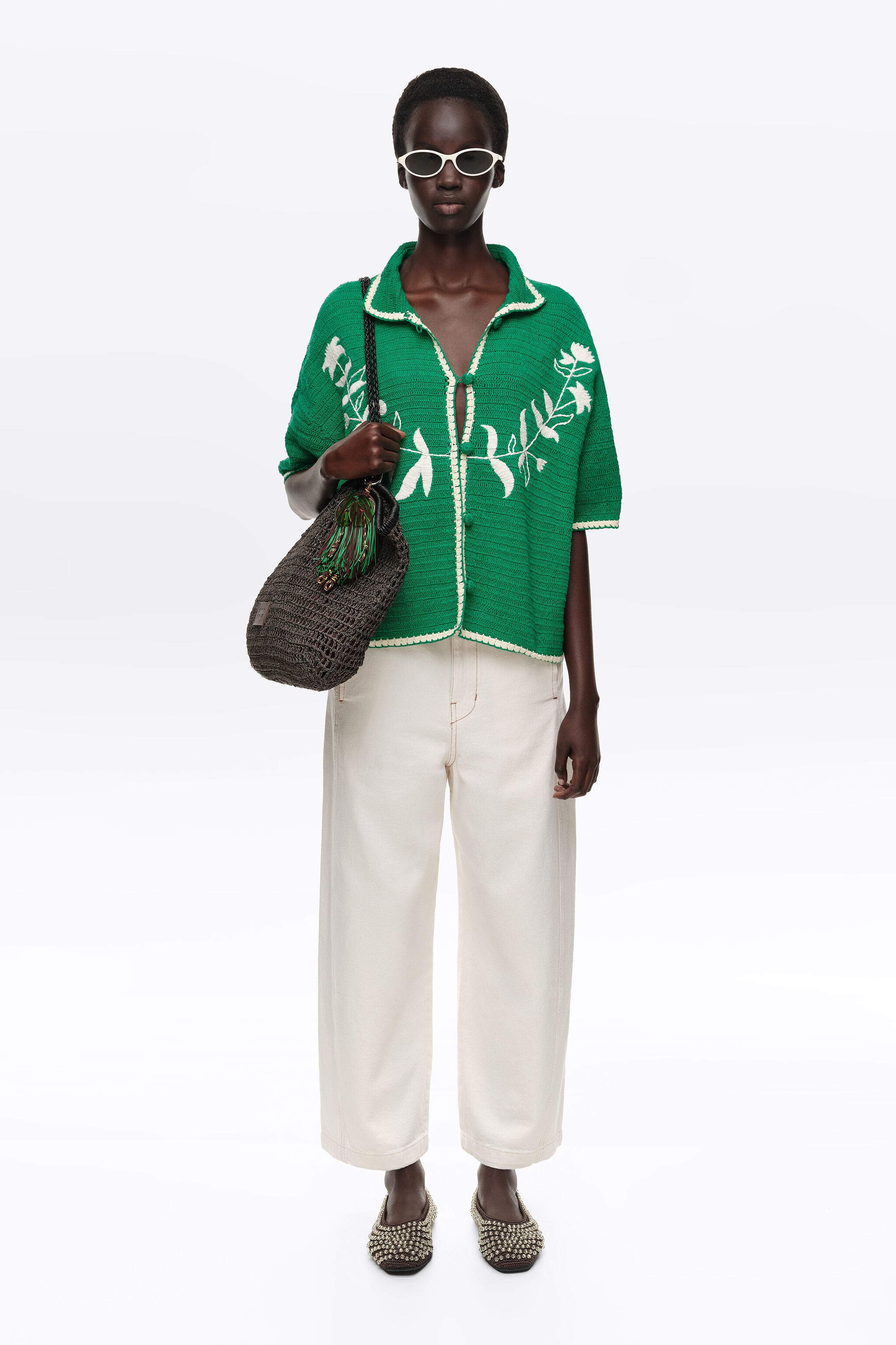 Green cotton embroidered knit sweater
