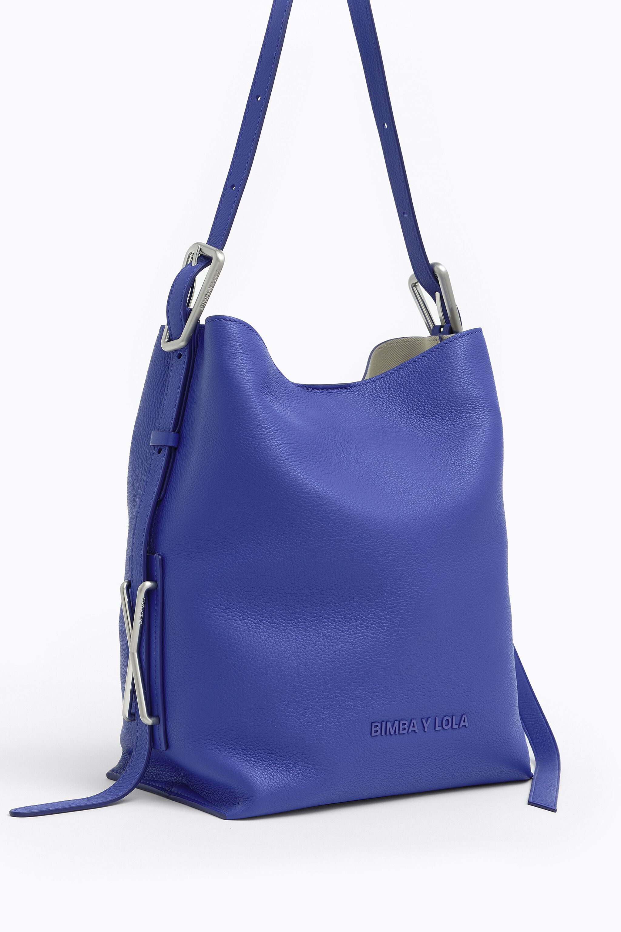 L indigo blue leather bucket bag
