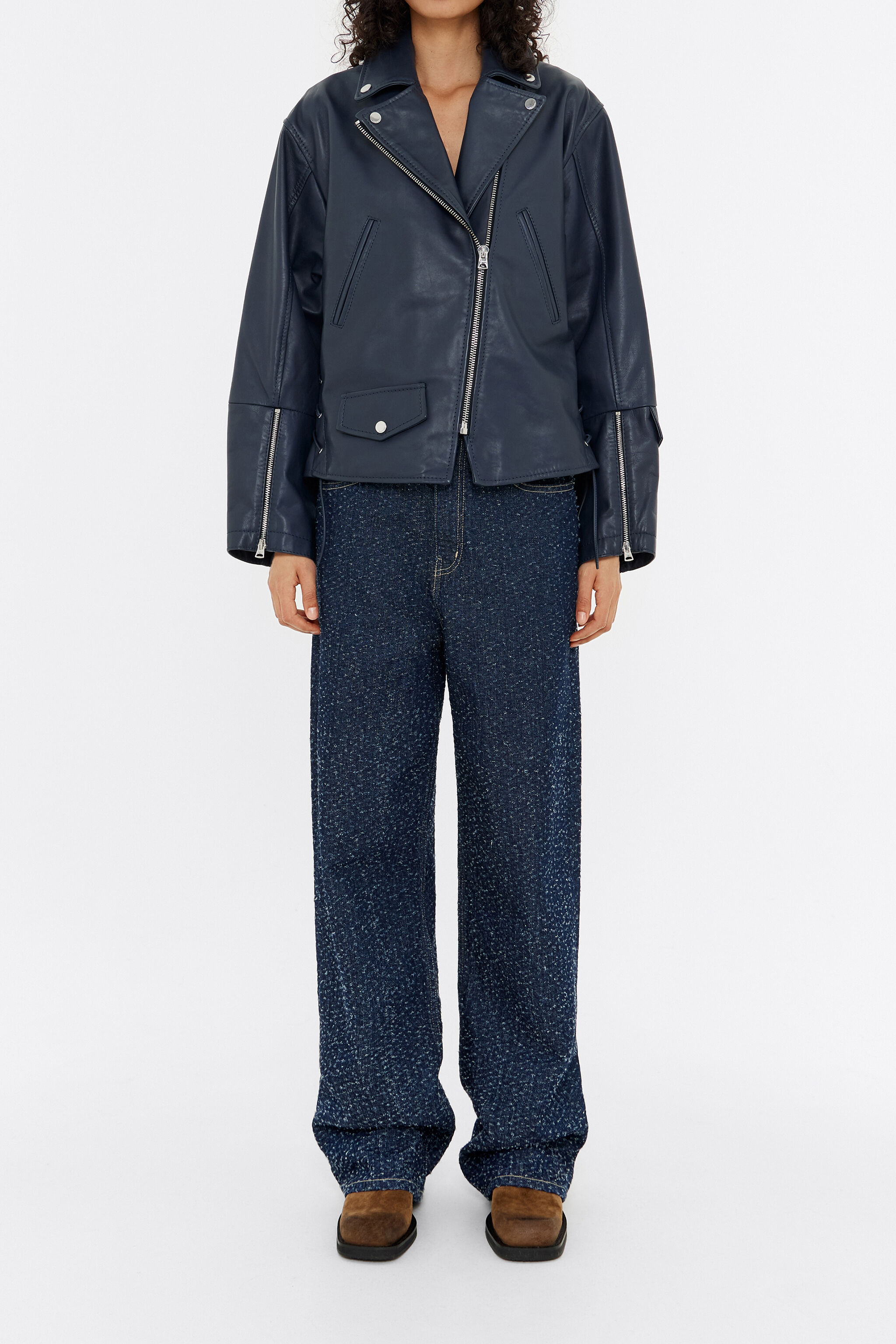 Dark blue leather biker jacket