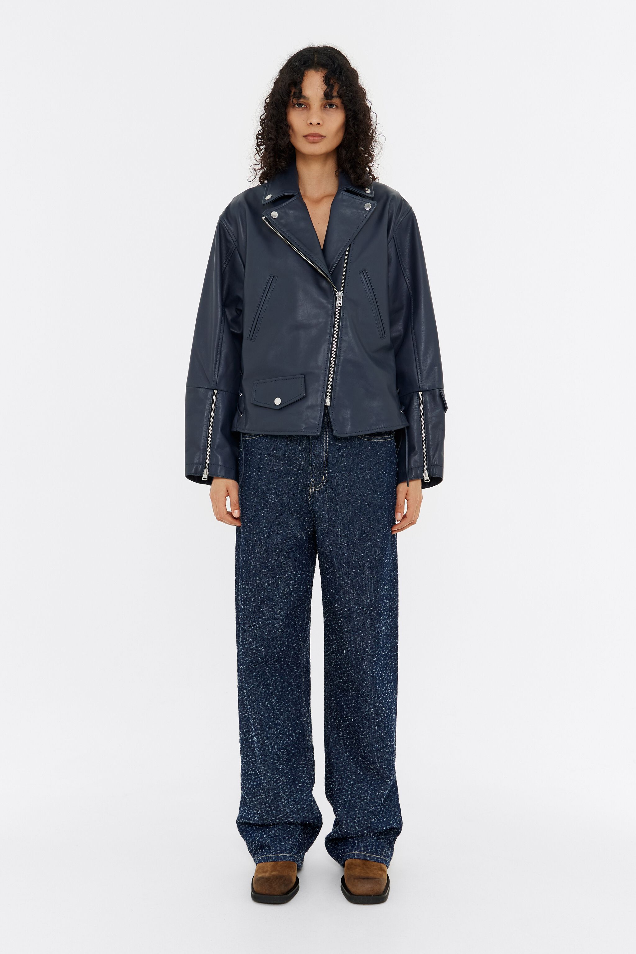 Dark blue leather biker jacket