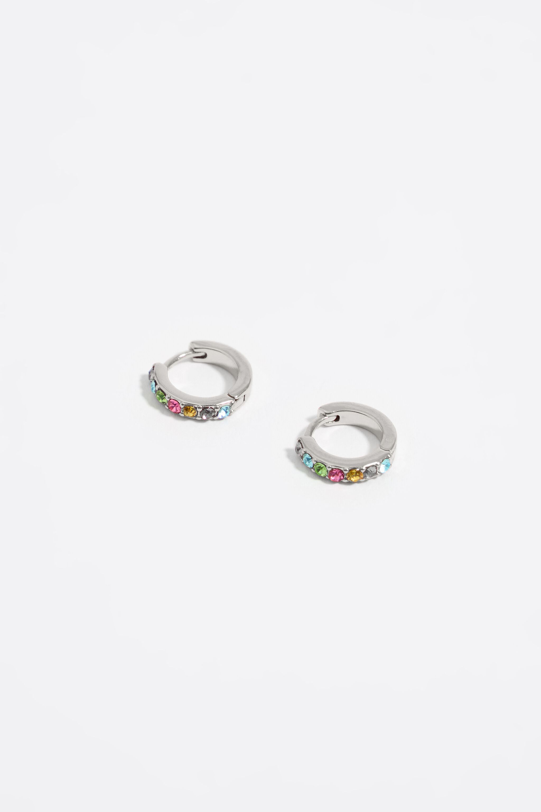 Silver mini hoop earrings with multicolored crystals