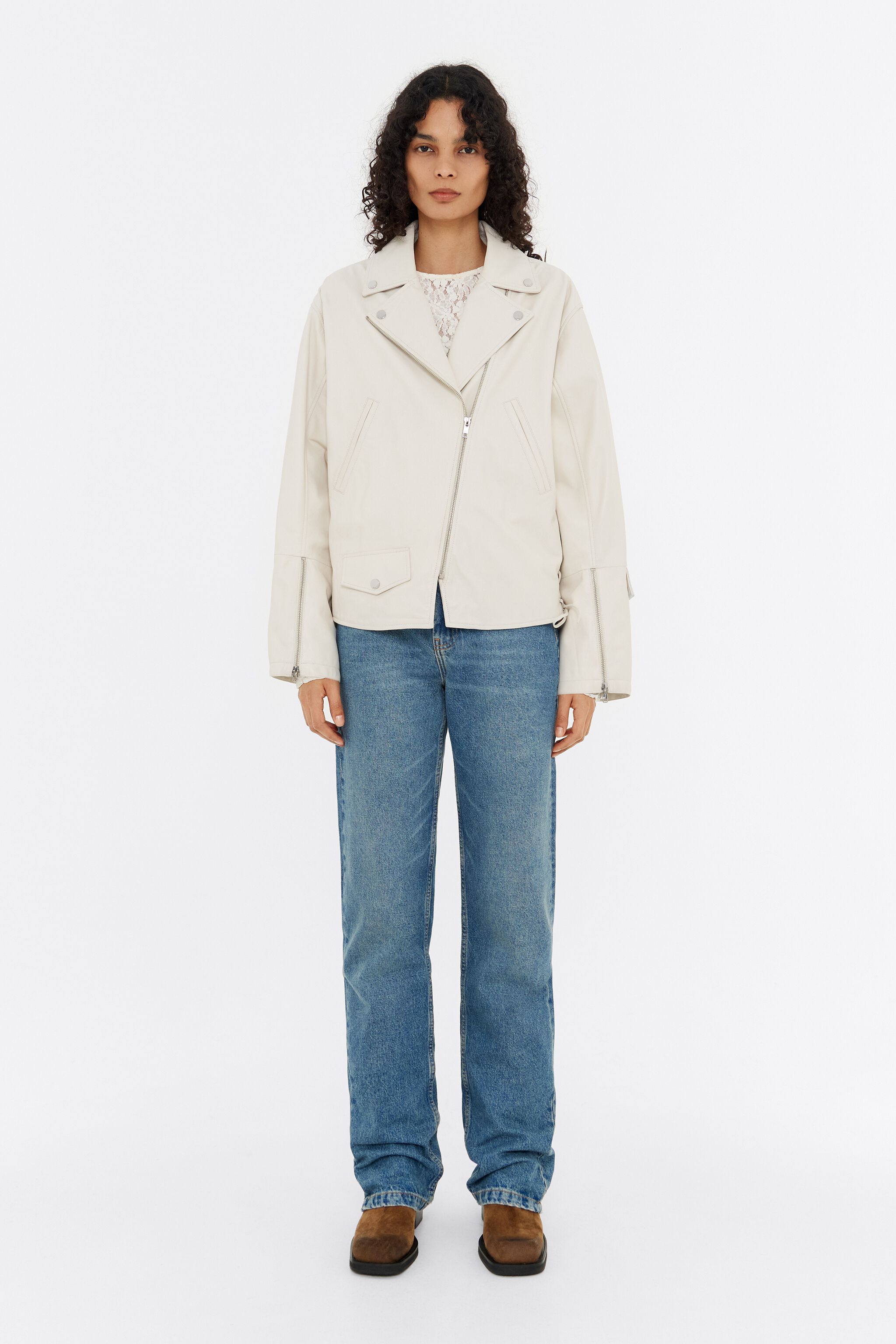 Ice gray leather biker jacket