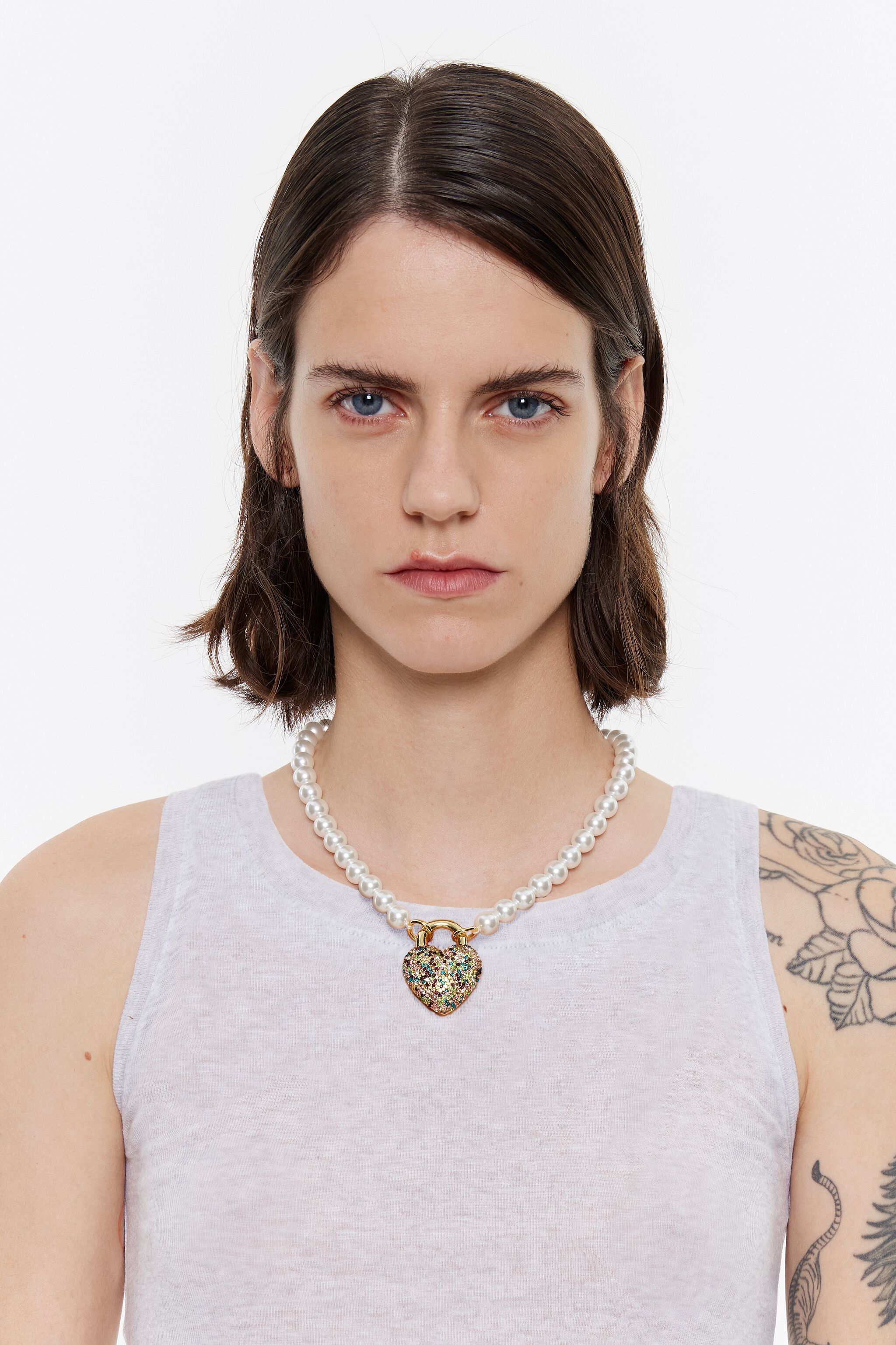 Pearls and multicolored crystal heart necklace