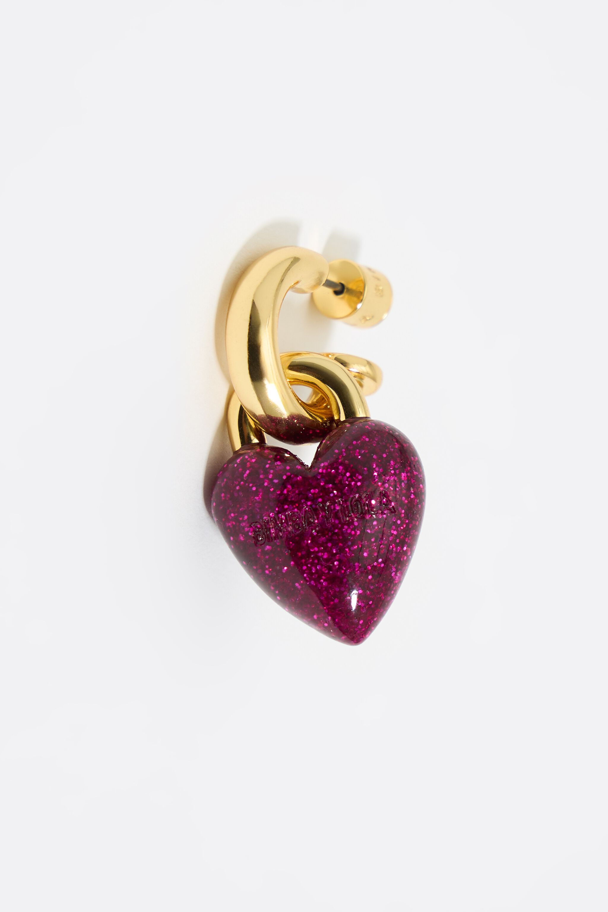 Heart hoop earrings with fuchsia glitter