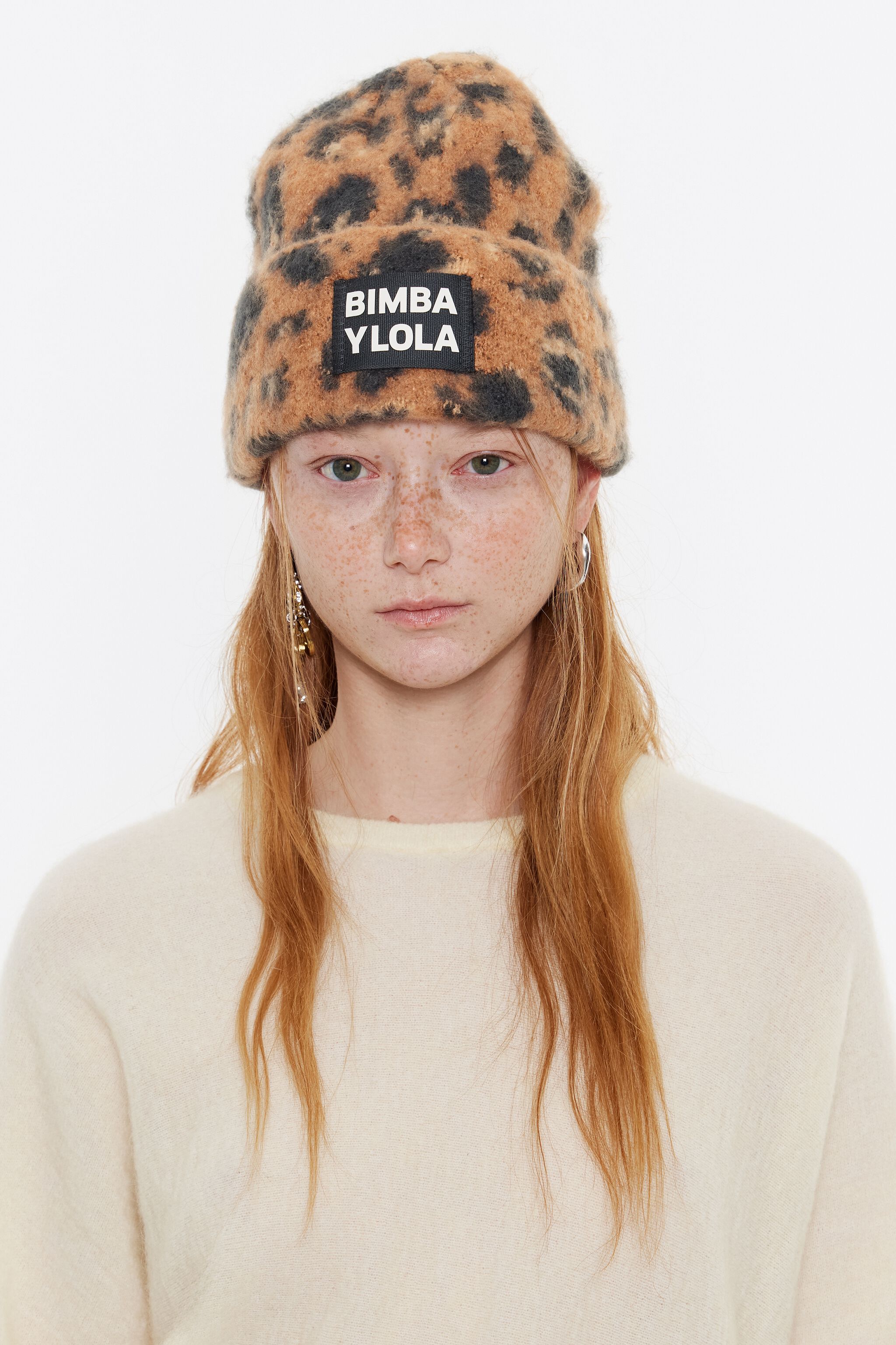 Brown animal-print jacquard knit hat