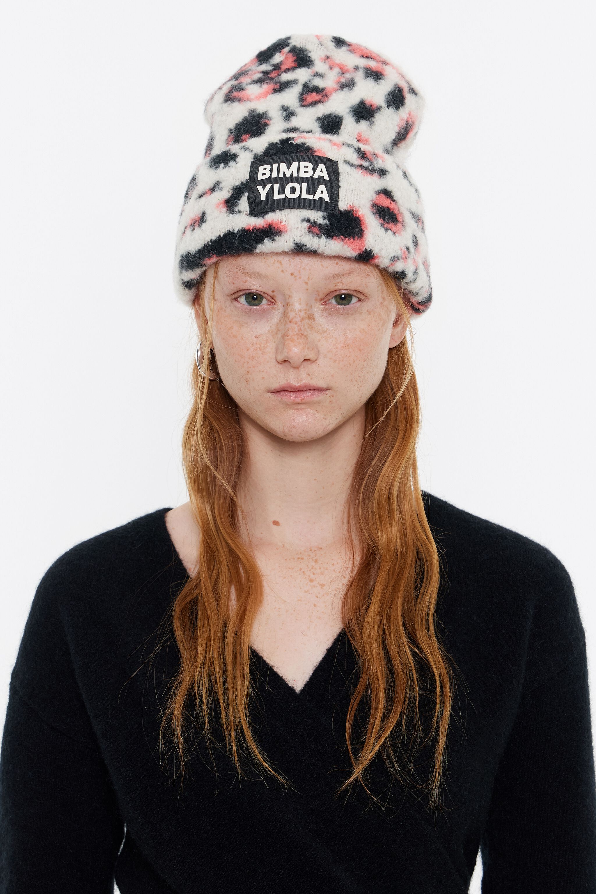 Natural animal-print jacquard knit hat