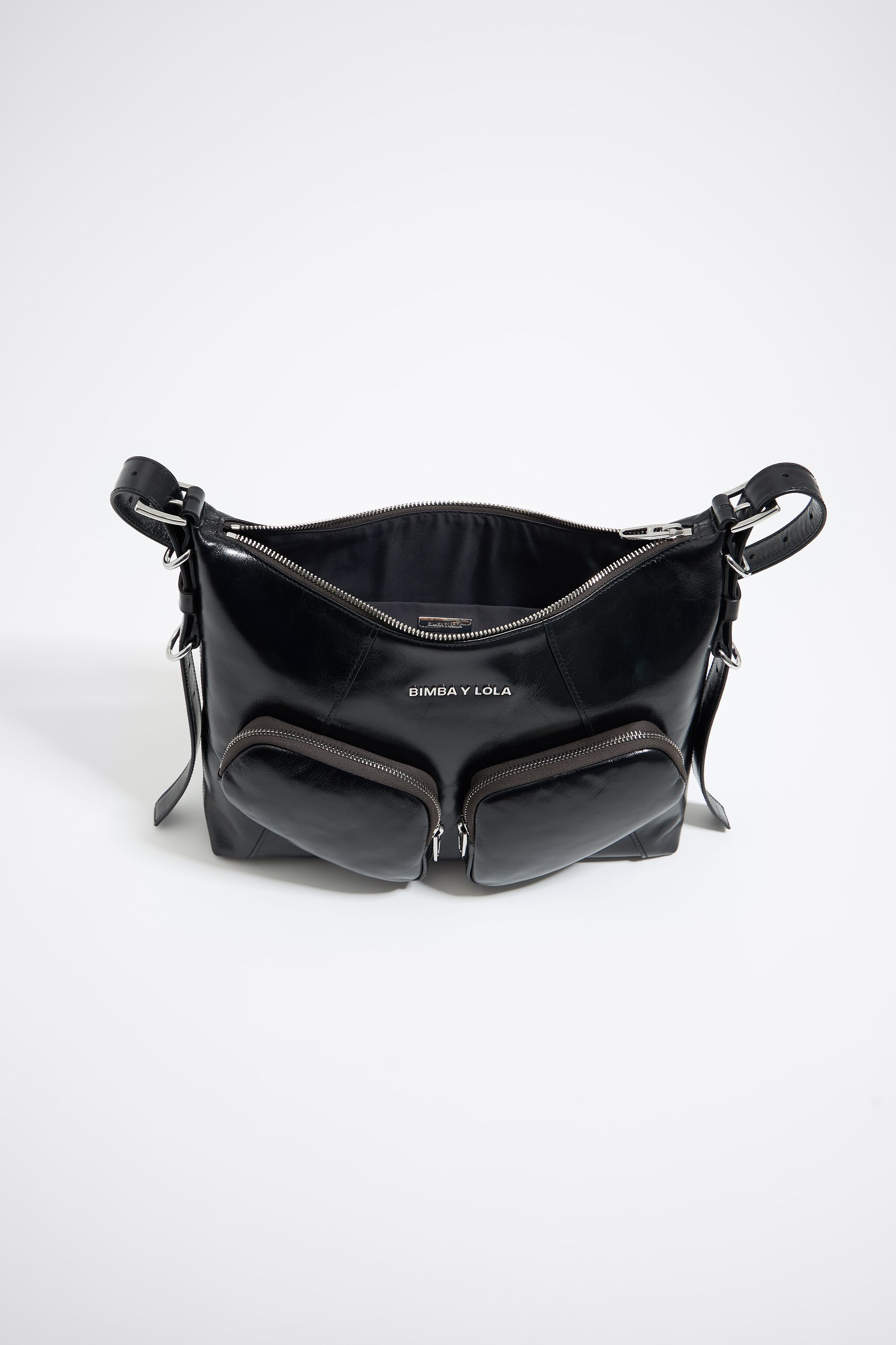 Large black leather Pocket slouch bag