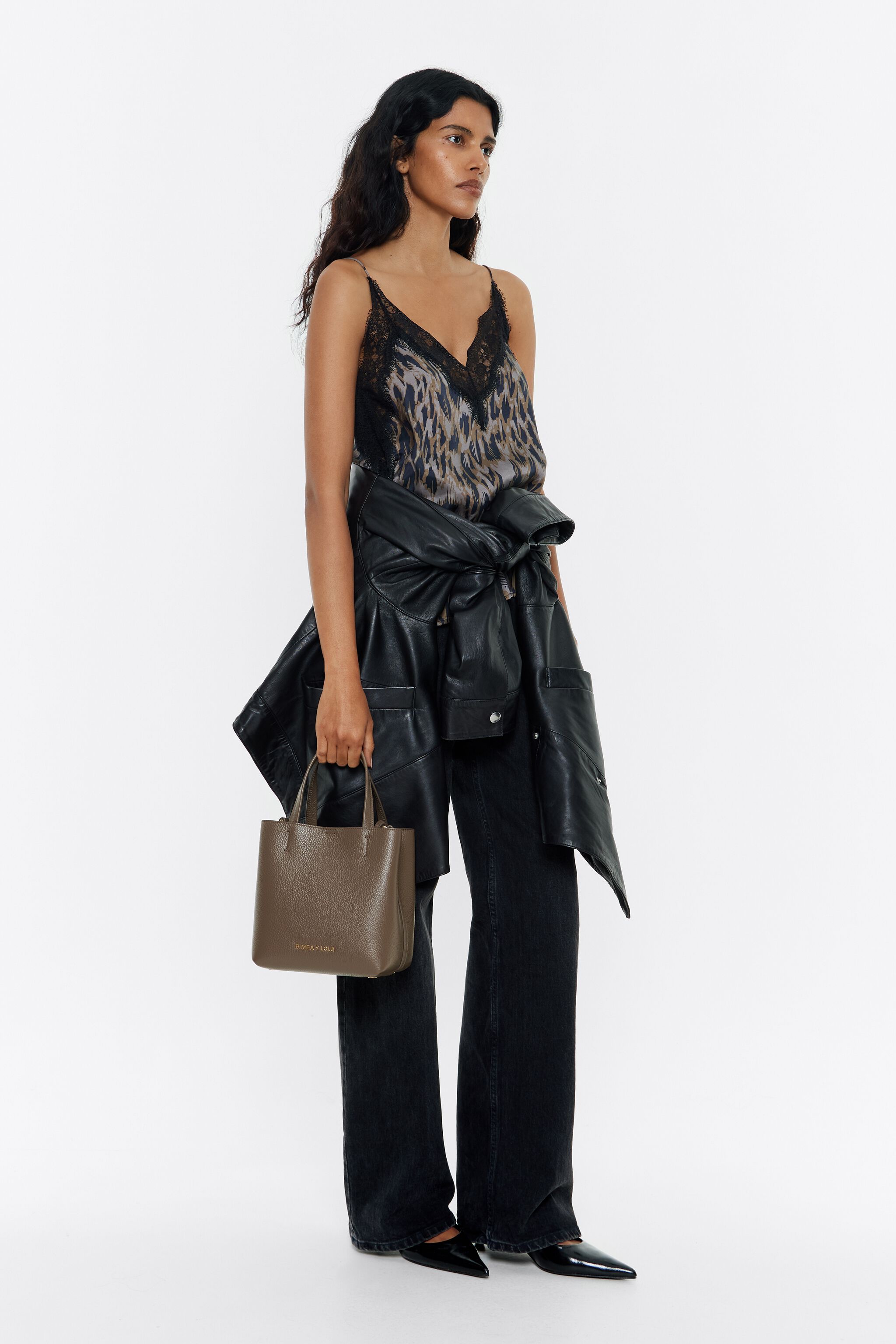 Small dark taupe leather Chihuahua bag