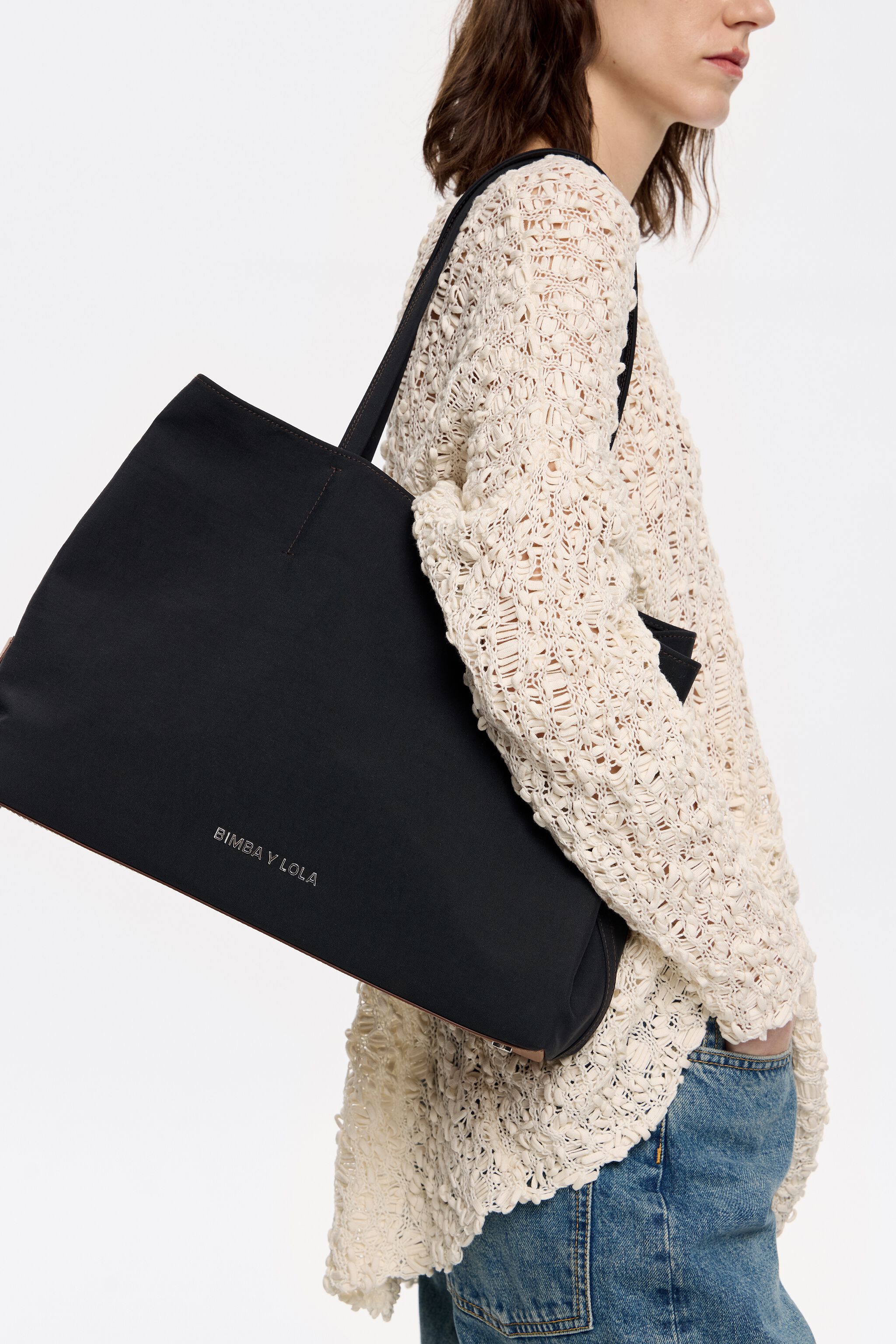 Large anthracite gabardine Chihuahua shopper bag