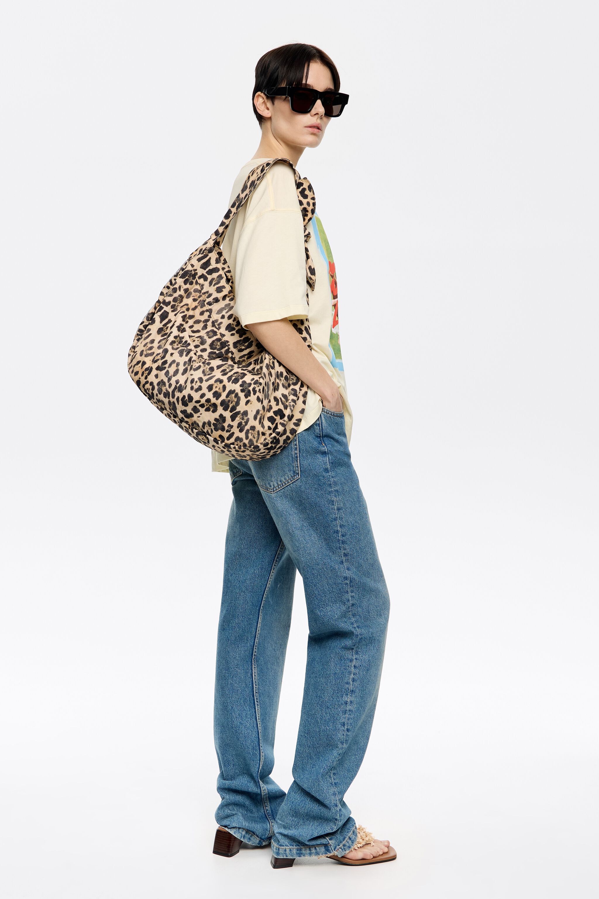 Large beige Leopard nylon shopper bag