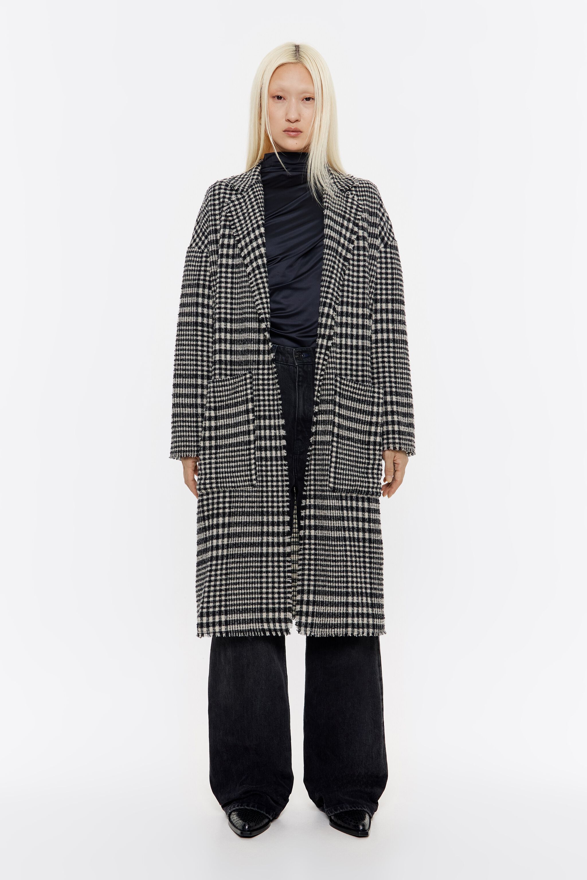 Black checked frayed coat