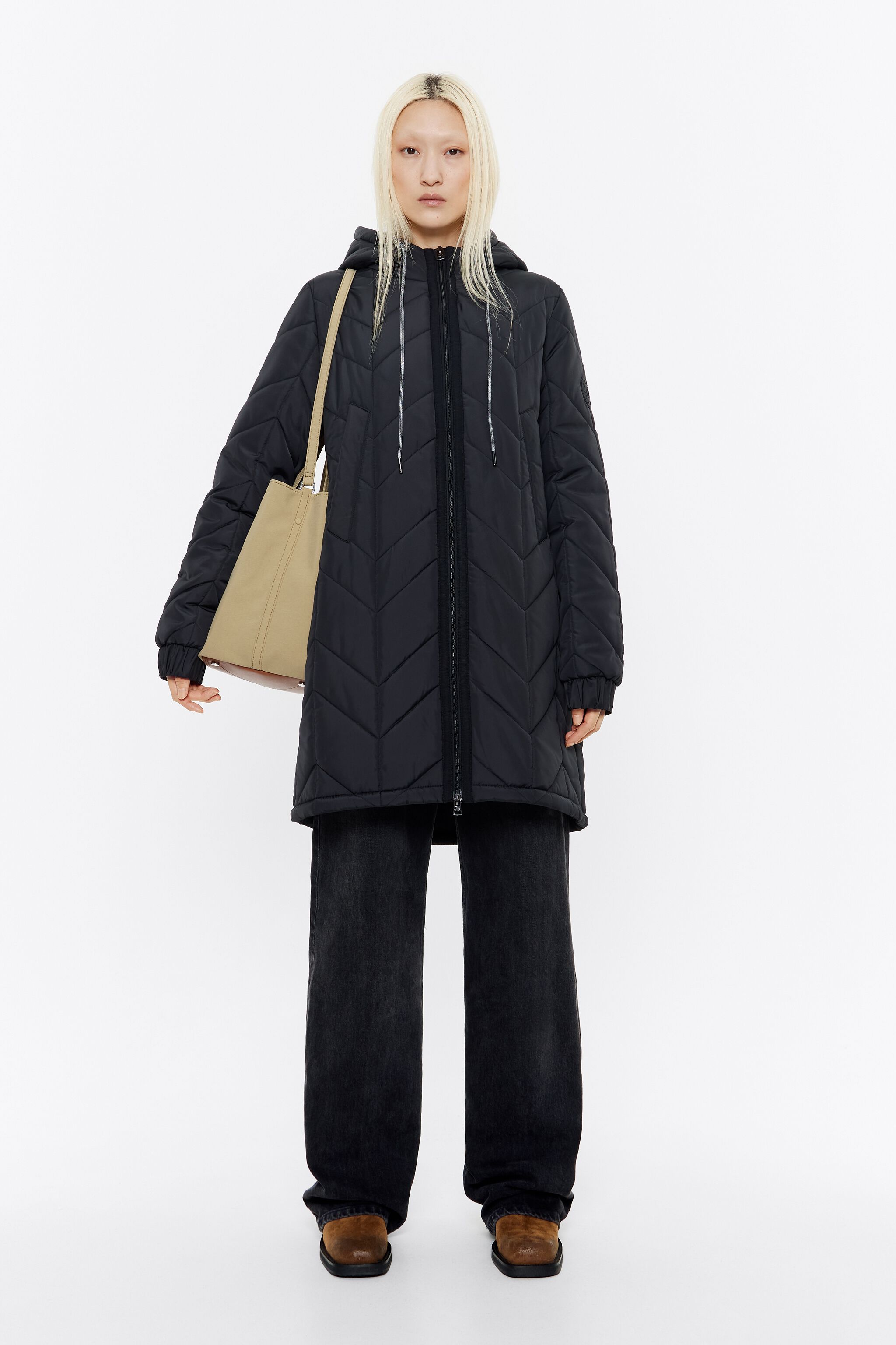 Long black straight cut padded coat