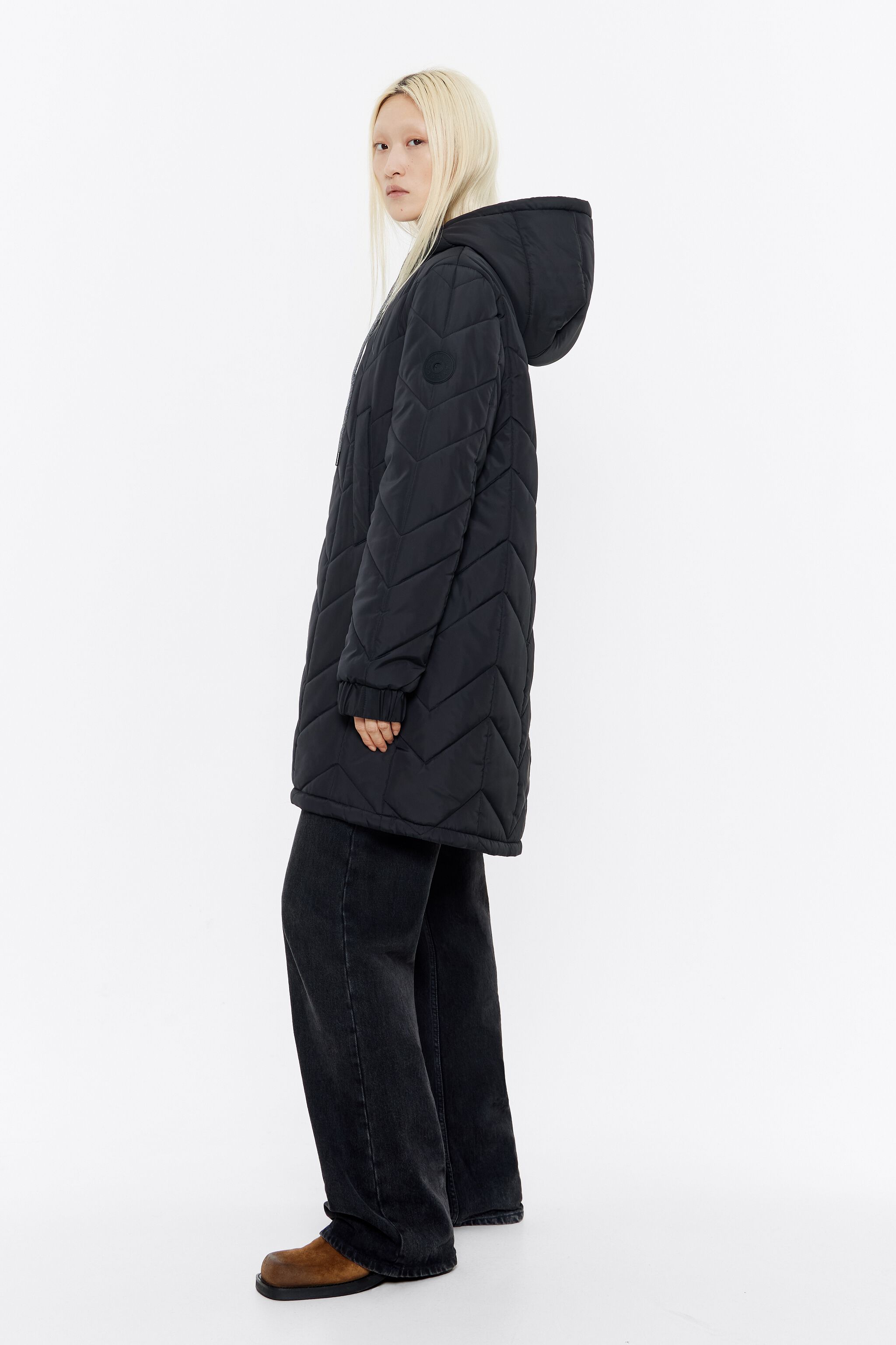Long black straight cut padded coat