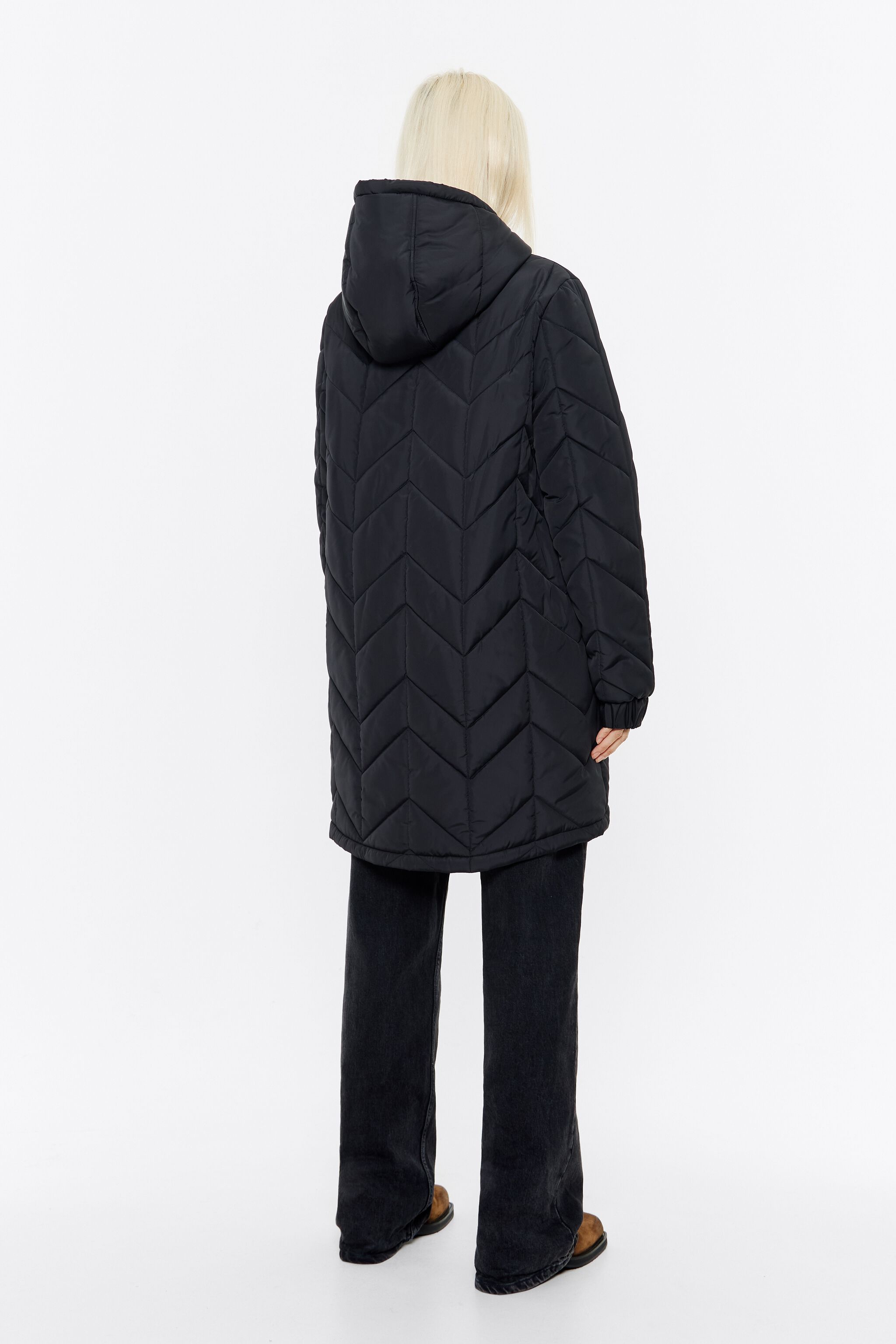 Long black straight cut padded coat