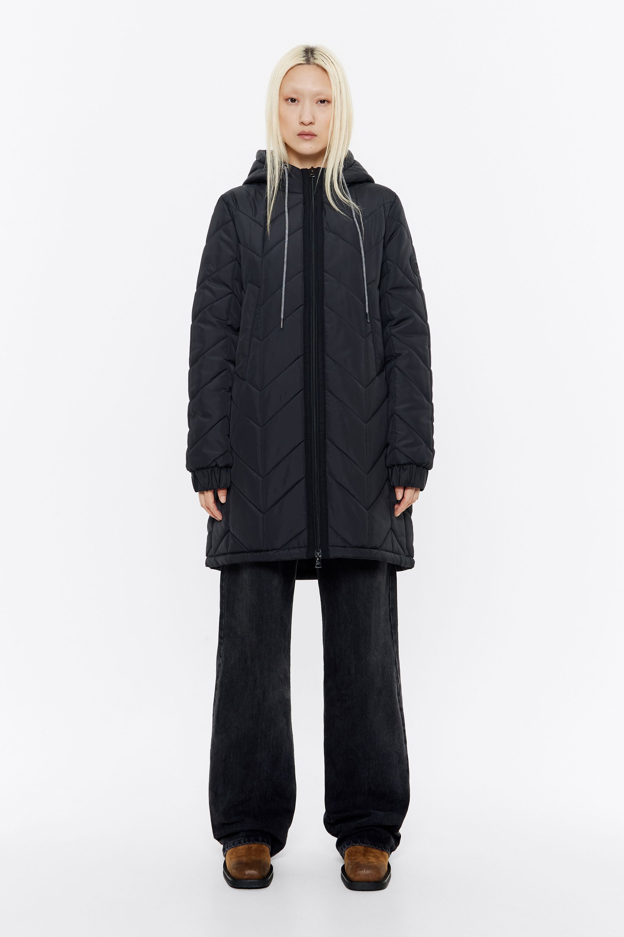 Long black straight cut padded coat