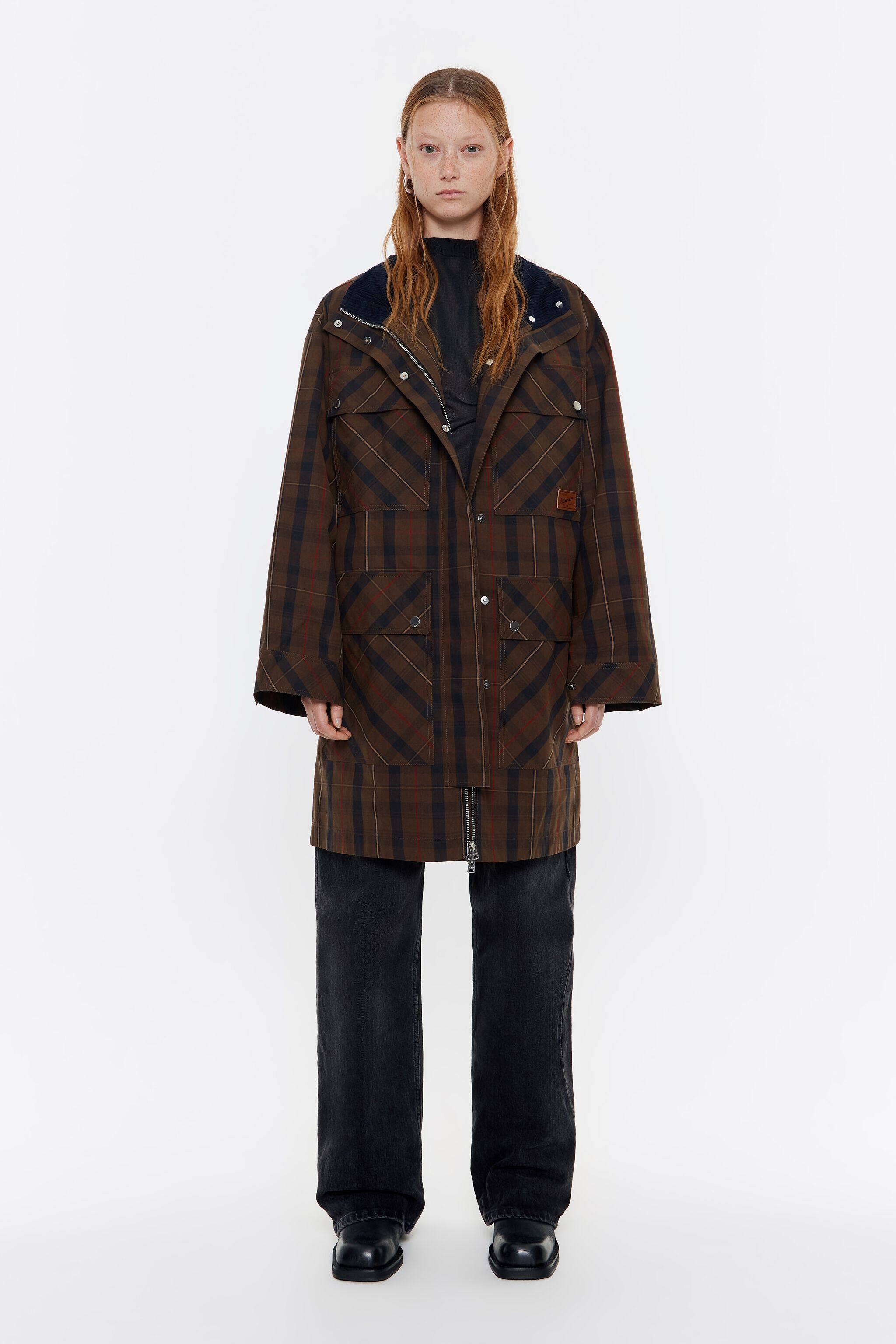 Brown checked A-line midi trench