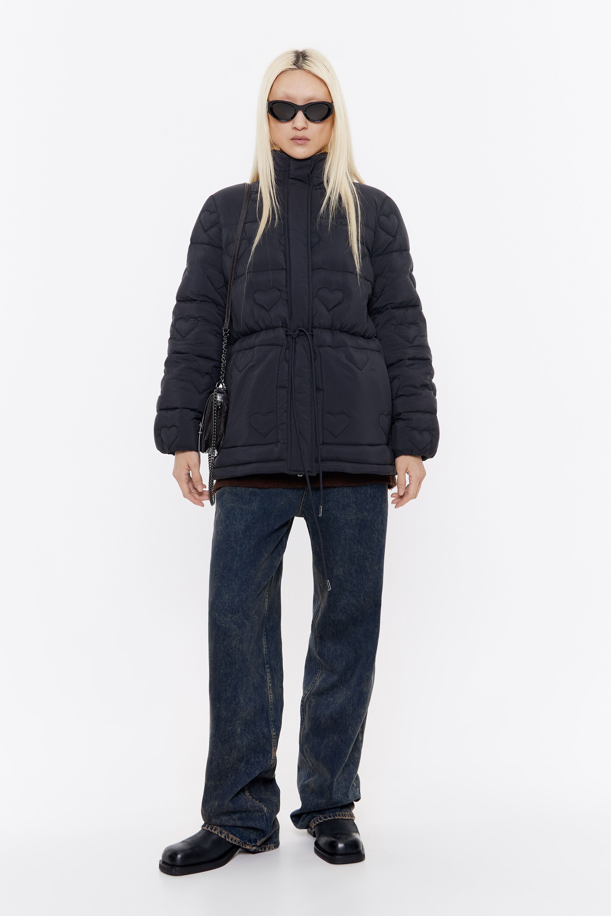 Black heart stitching down jacket