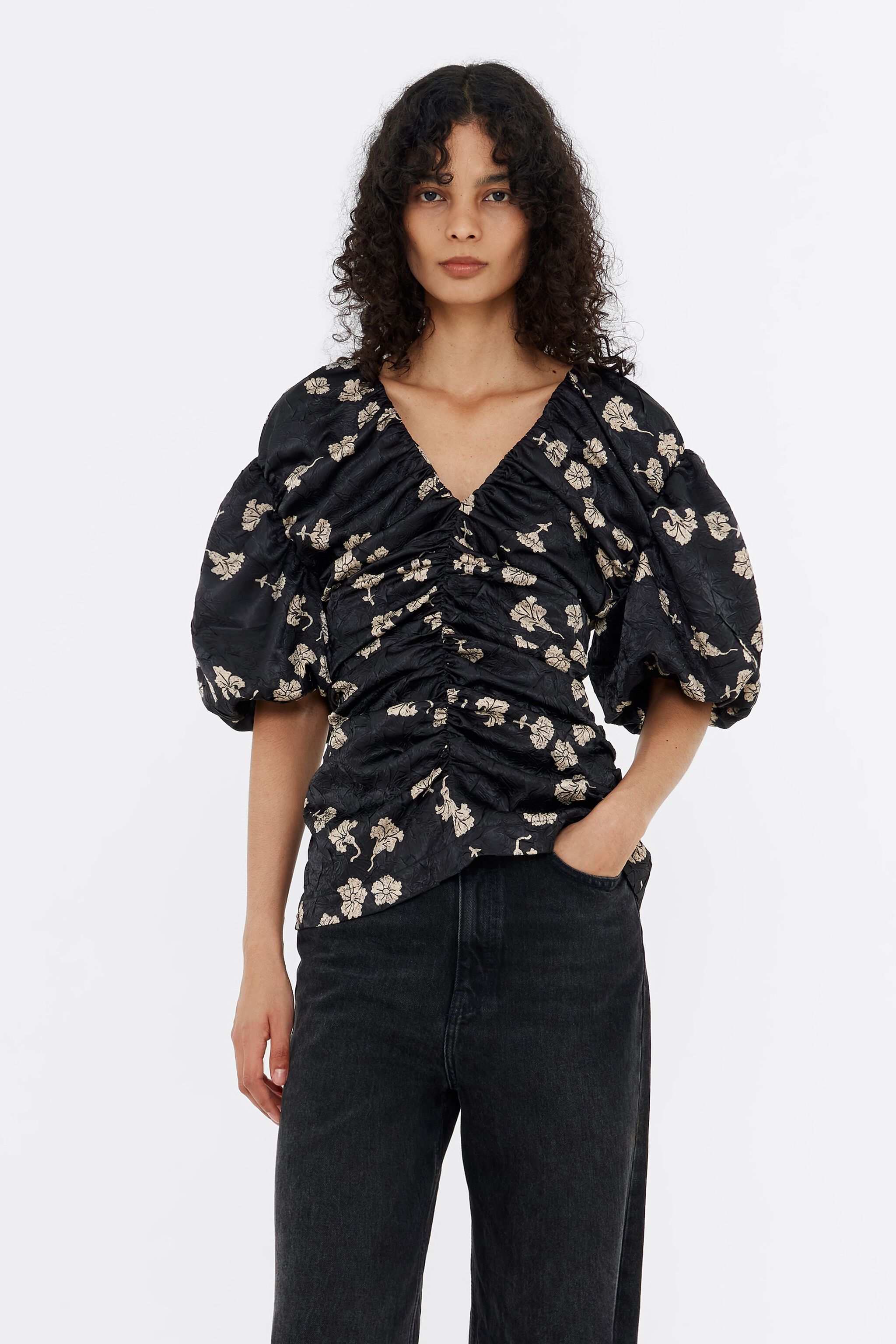 Black Carnation ruched mini dress