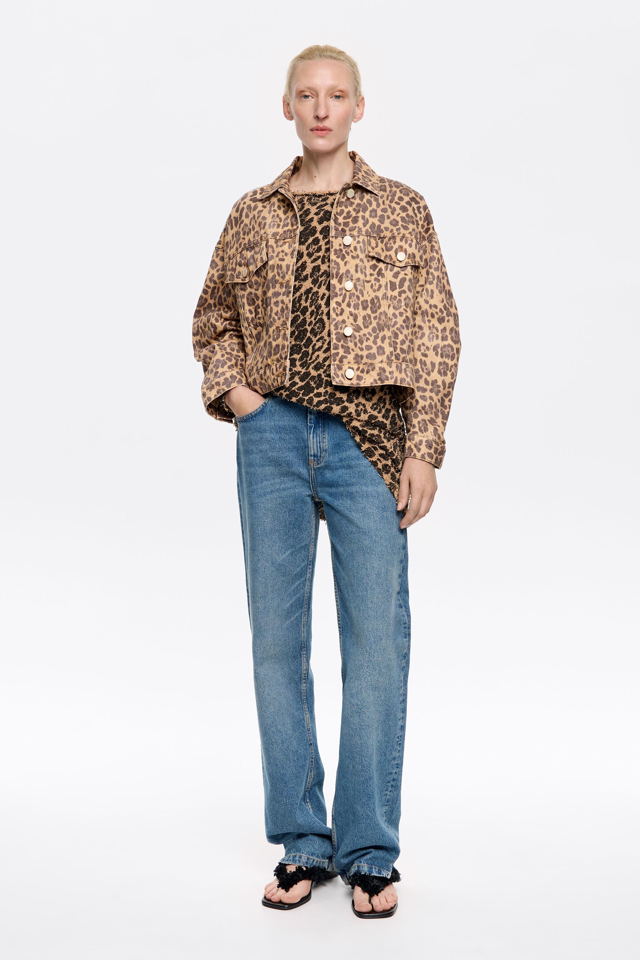 Beige Leopard oversize denim jacket