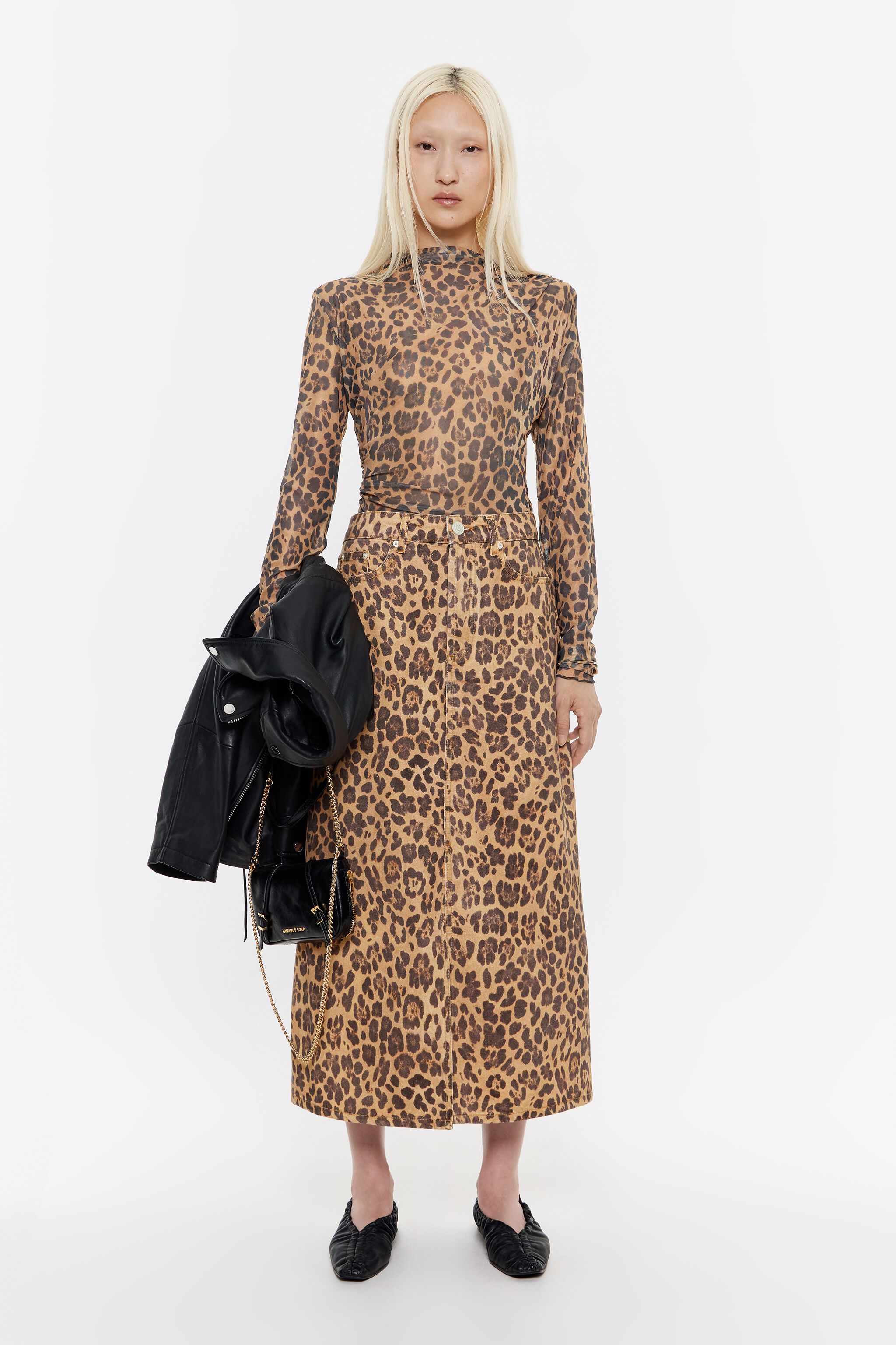 Falda denim l&iacute;nea A Leopard natural