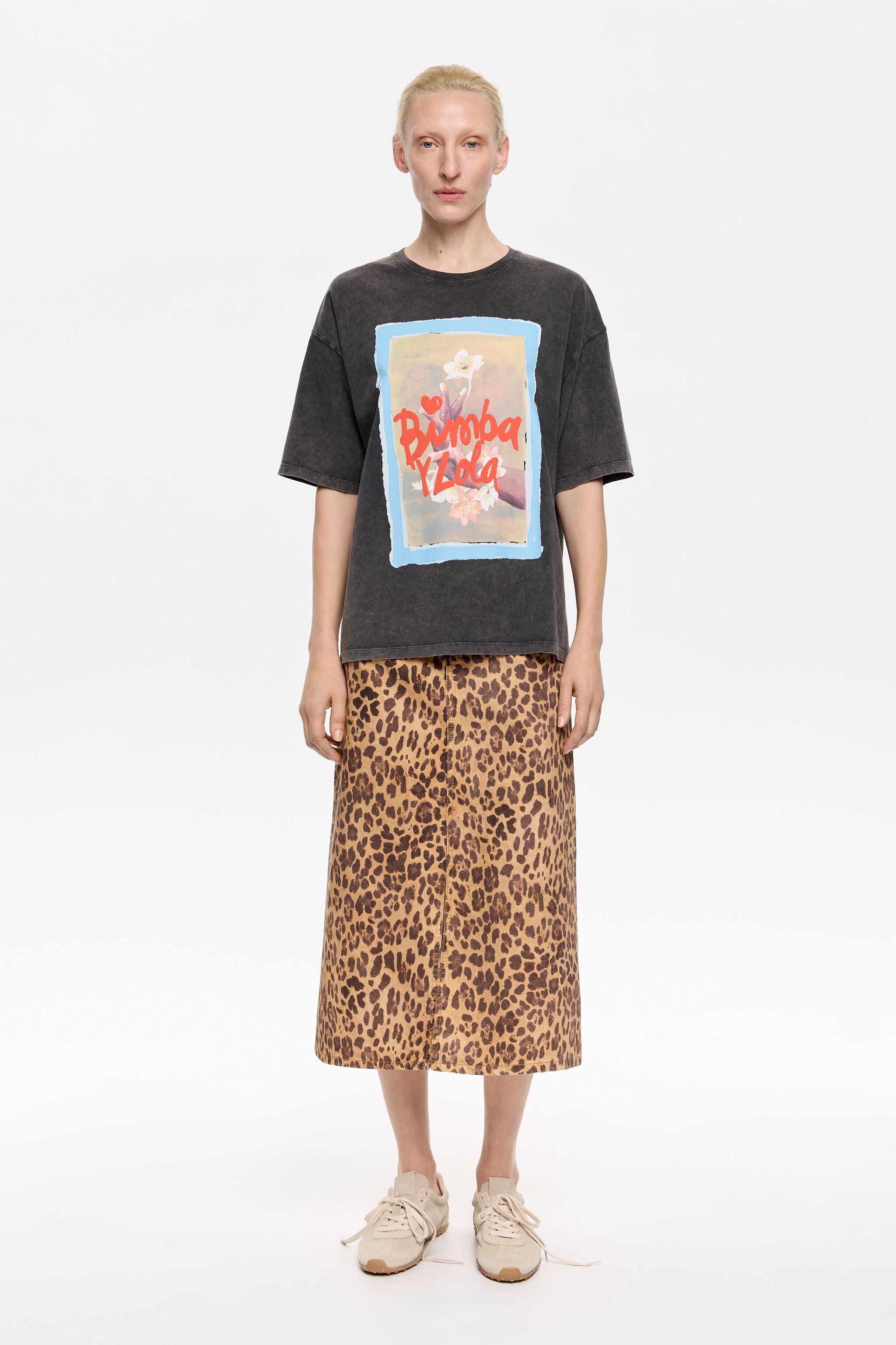 Natural Leopard A-line denim skirt