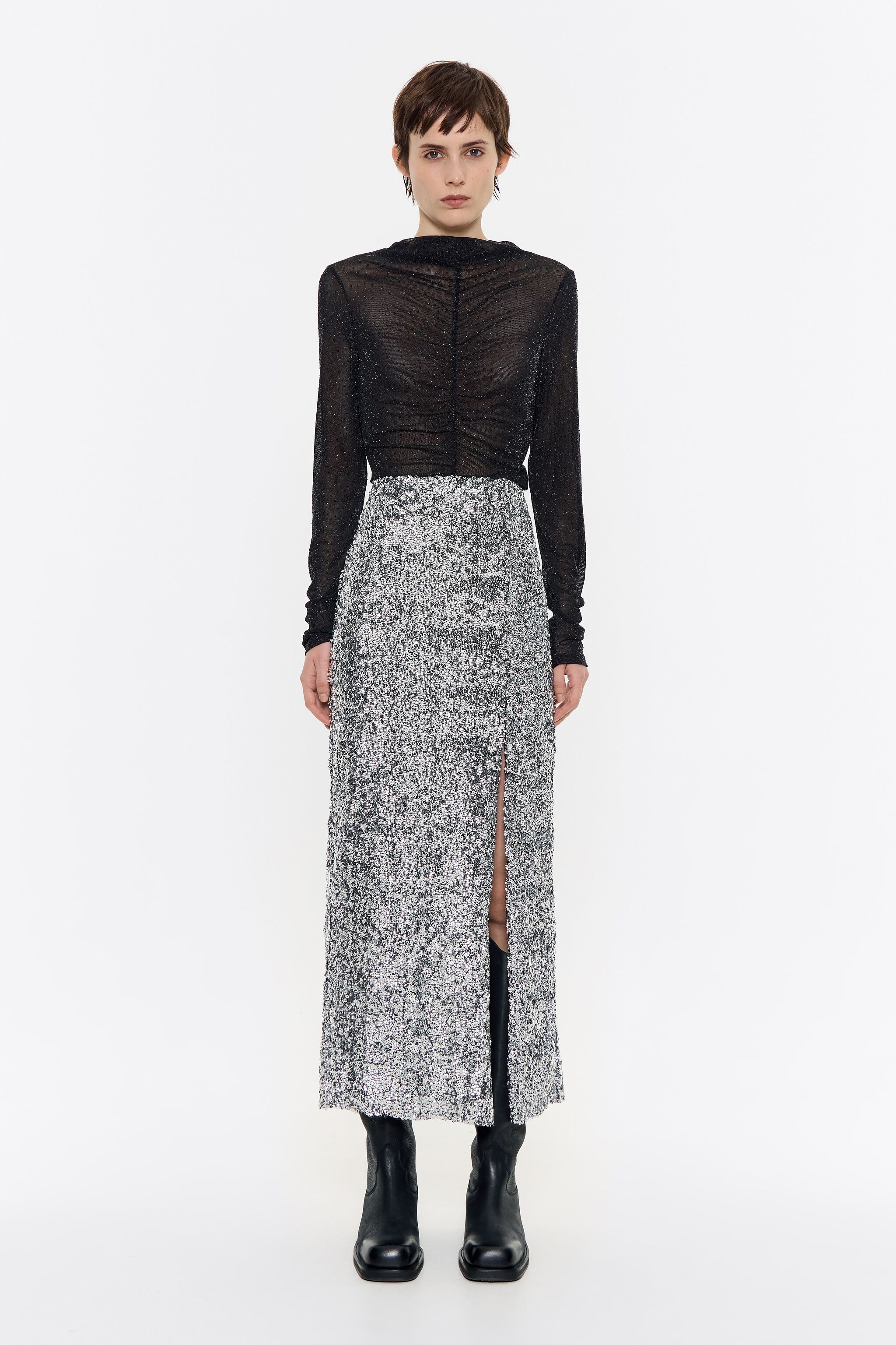 Silver sequin midi skirt
