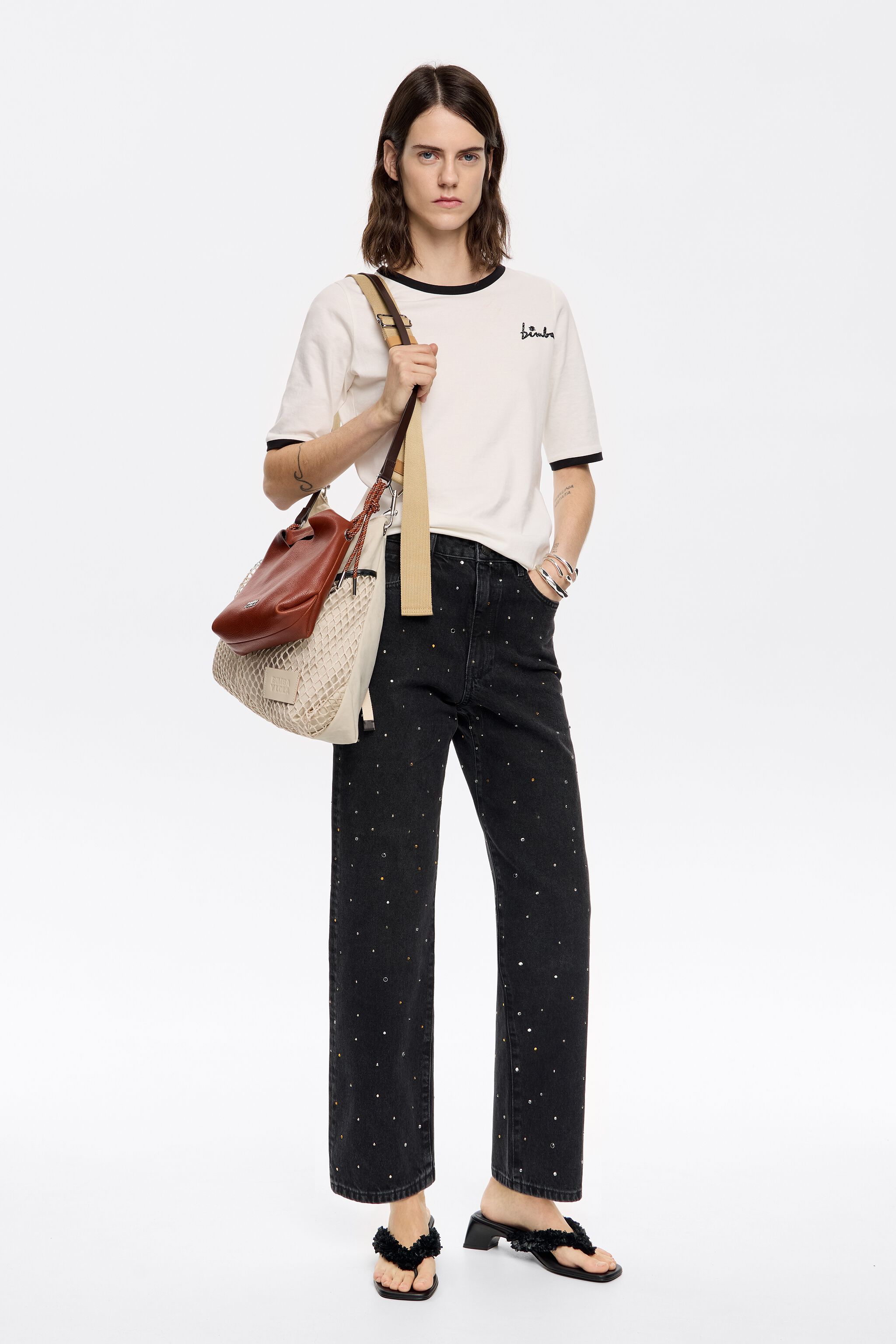 STRAIGHT CROPPED - Black stones jeans