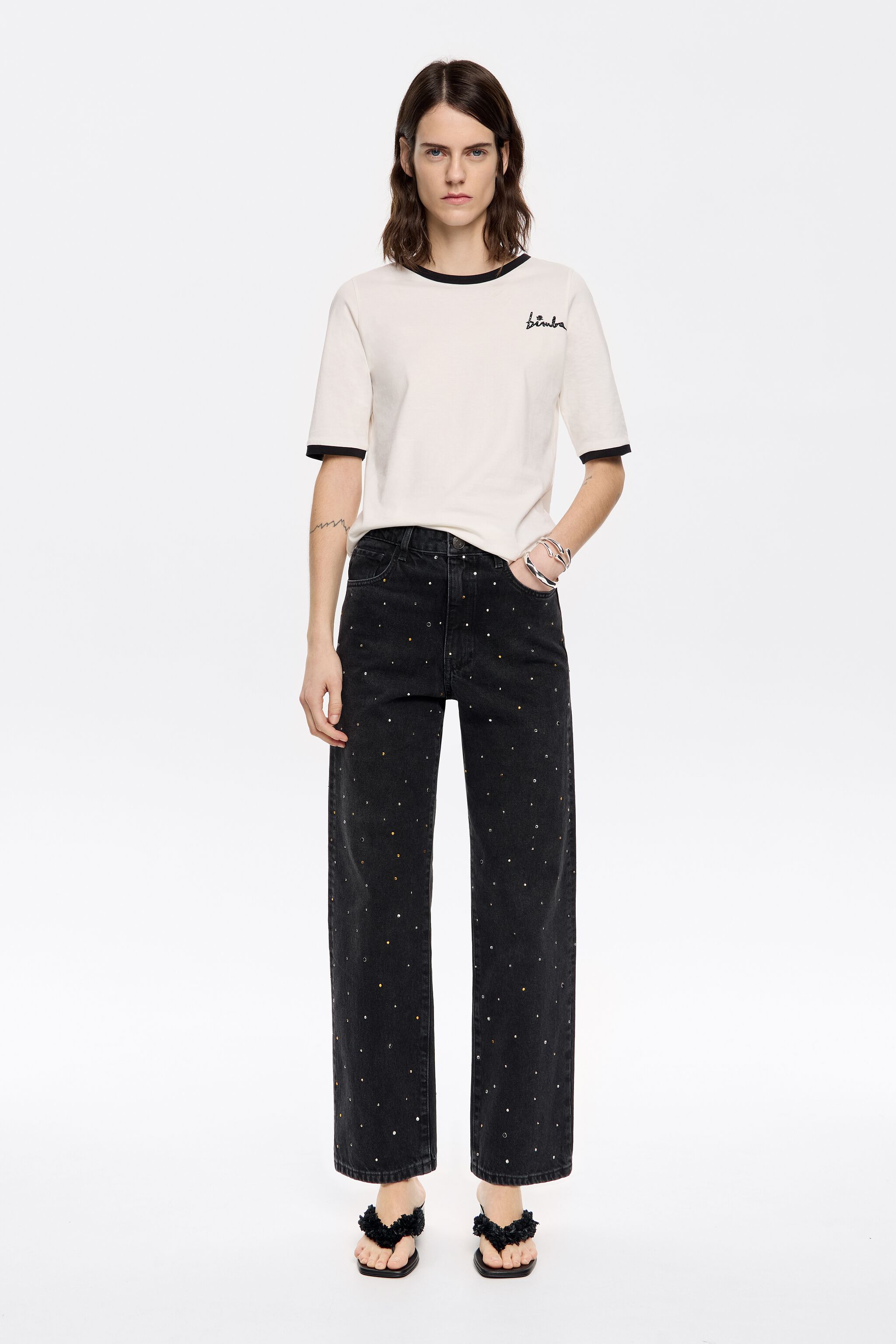 STRAIGHT CROPPED - Black stones jeans