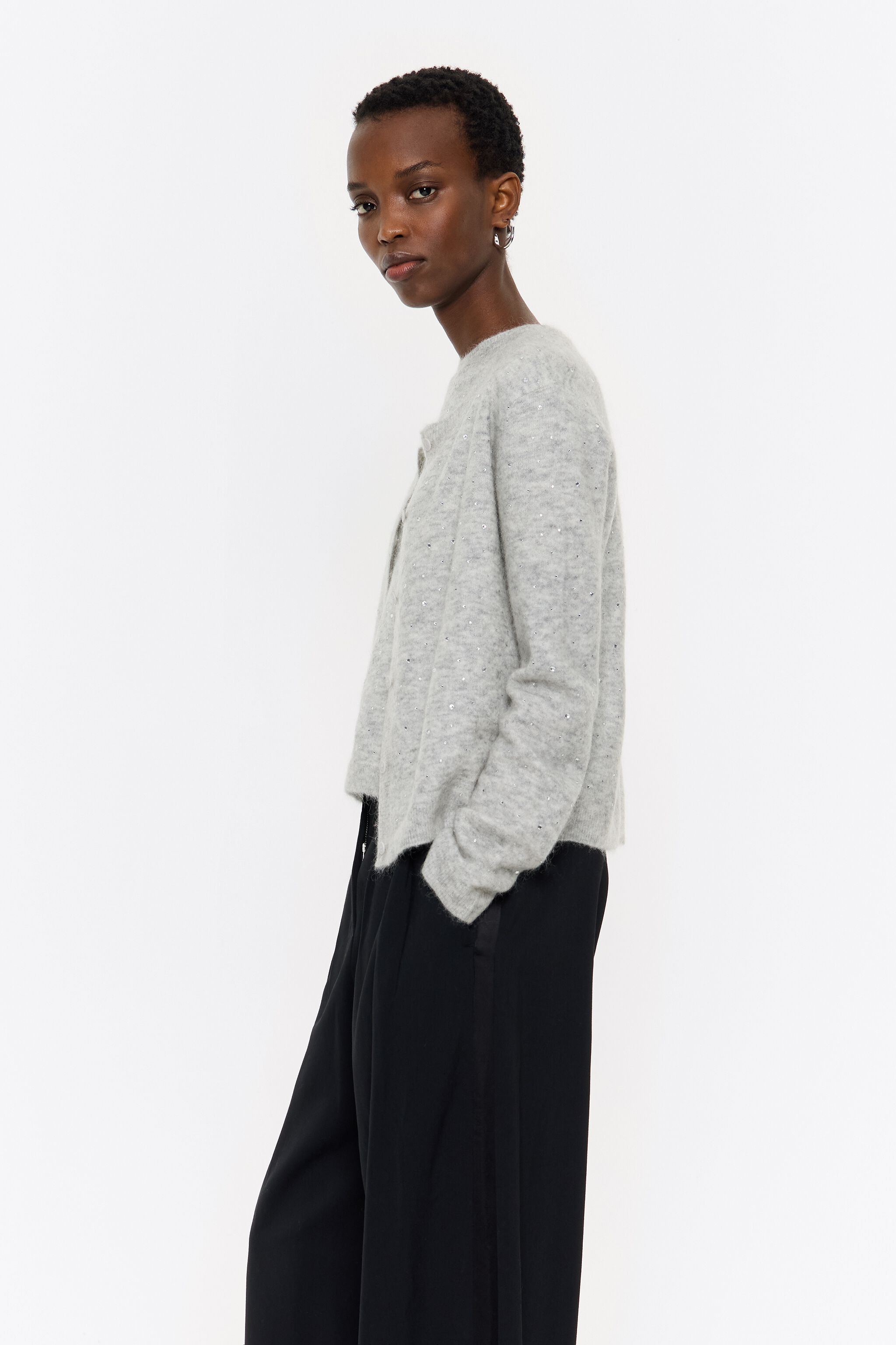 Light gray mohair rhinestones cardigan