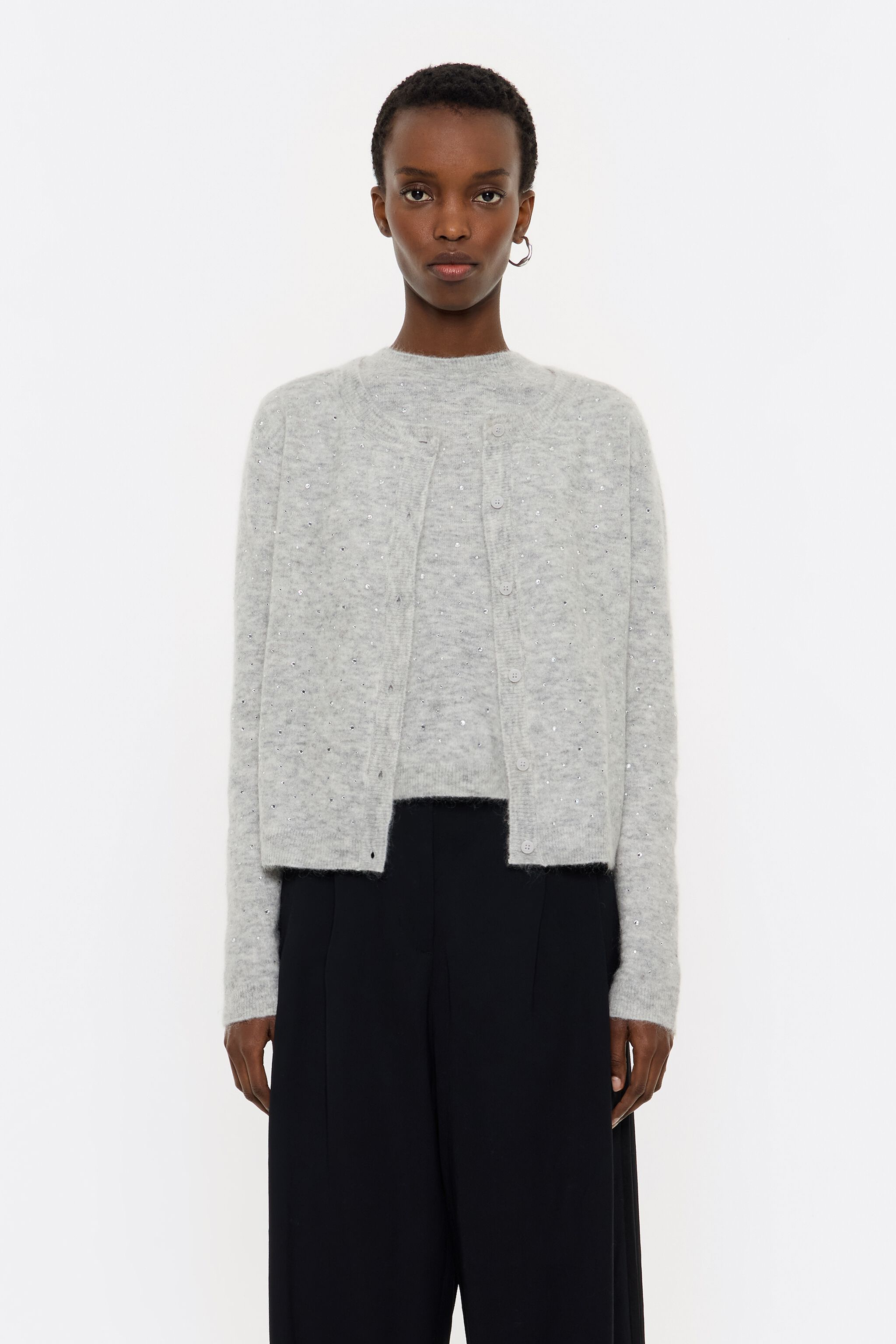 Light gray mohair rhinestones cardigan