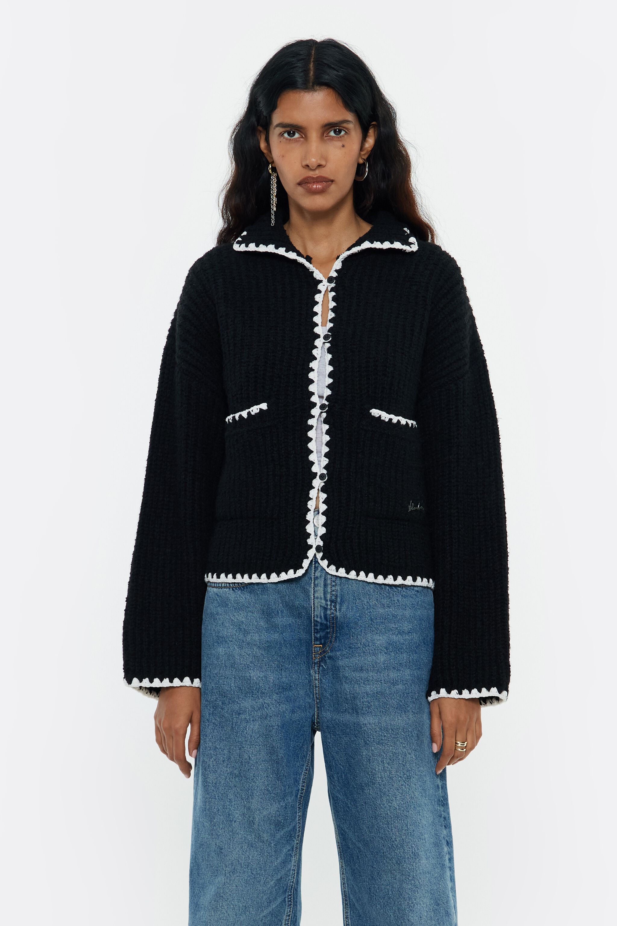 Black cotton topstitched cardigan