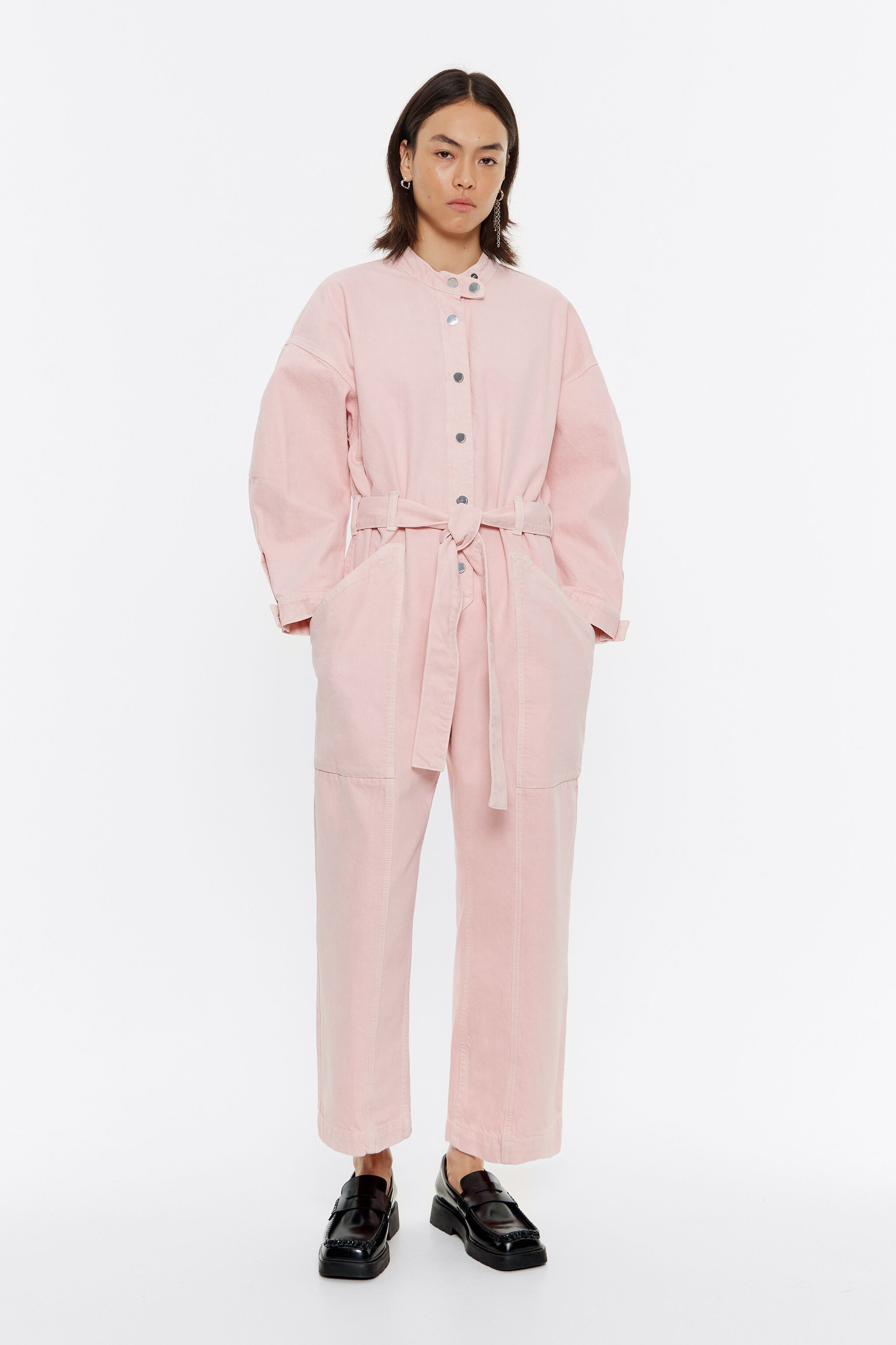 Pink denim cargo jumpsuit