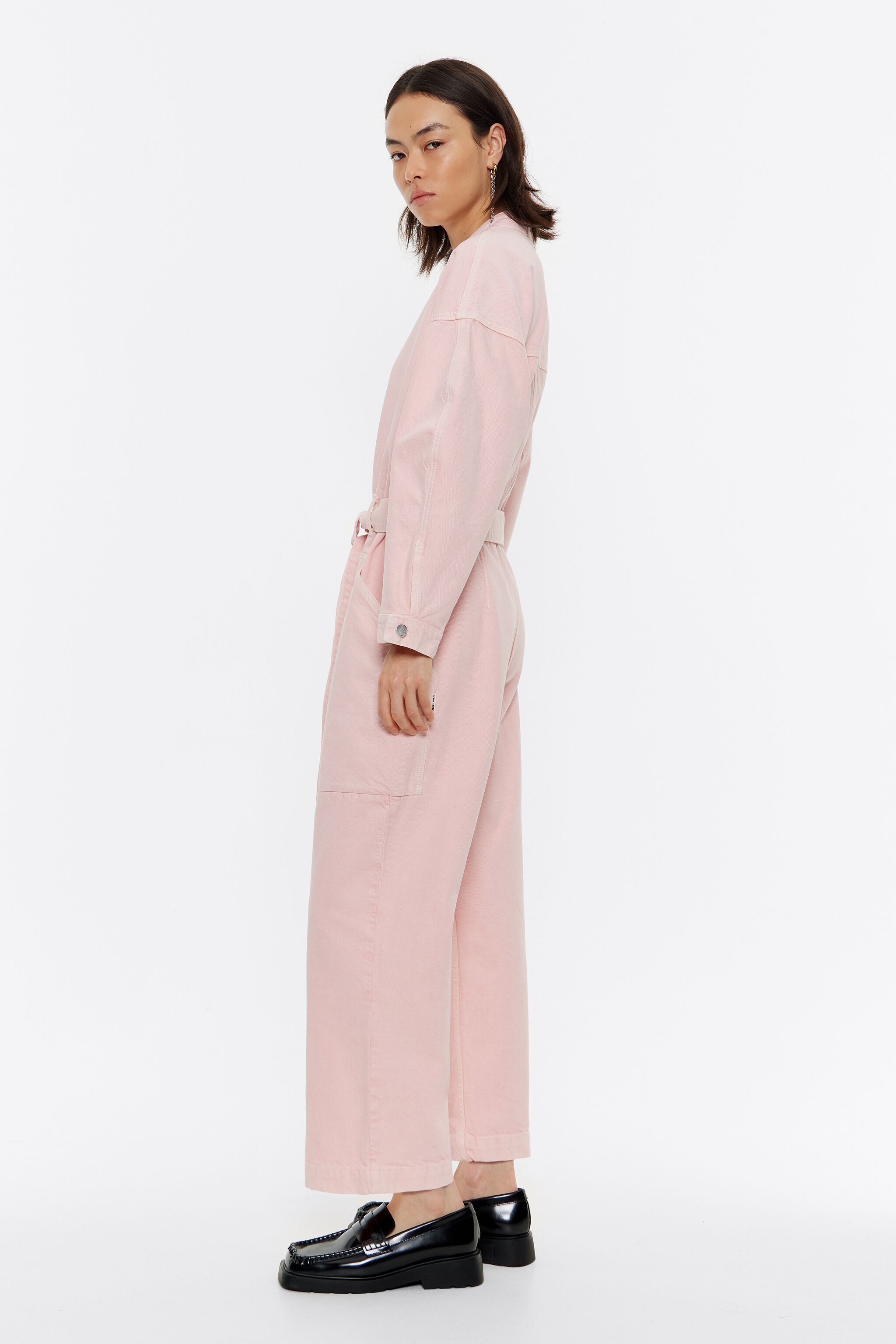 Pink denim cargo jumpsuit