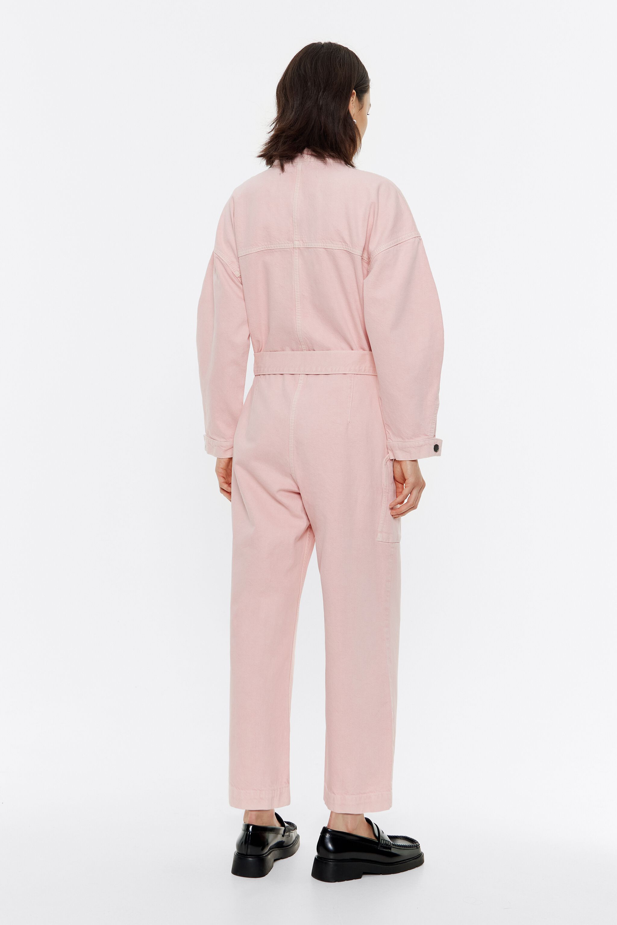 Pink denim cargo jumpsuit