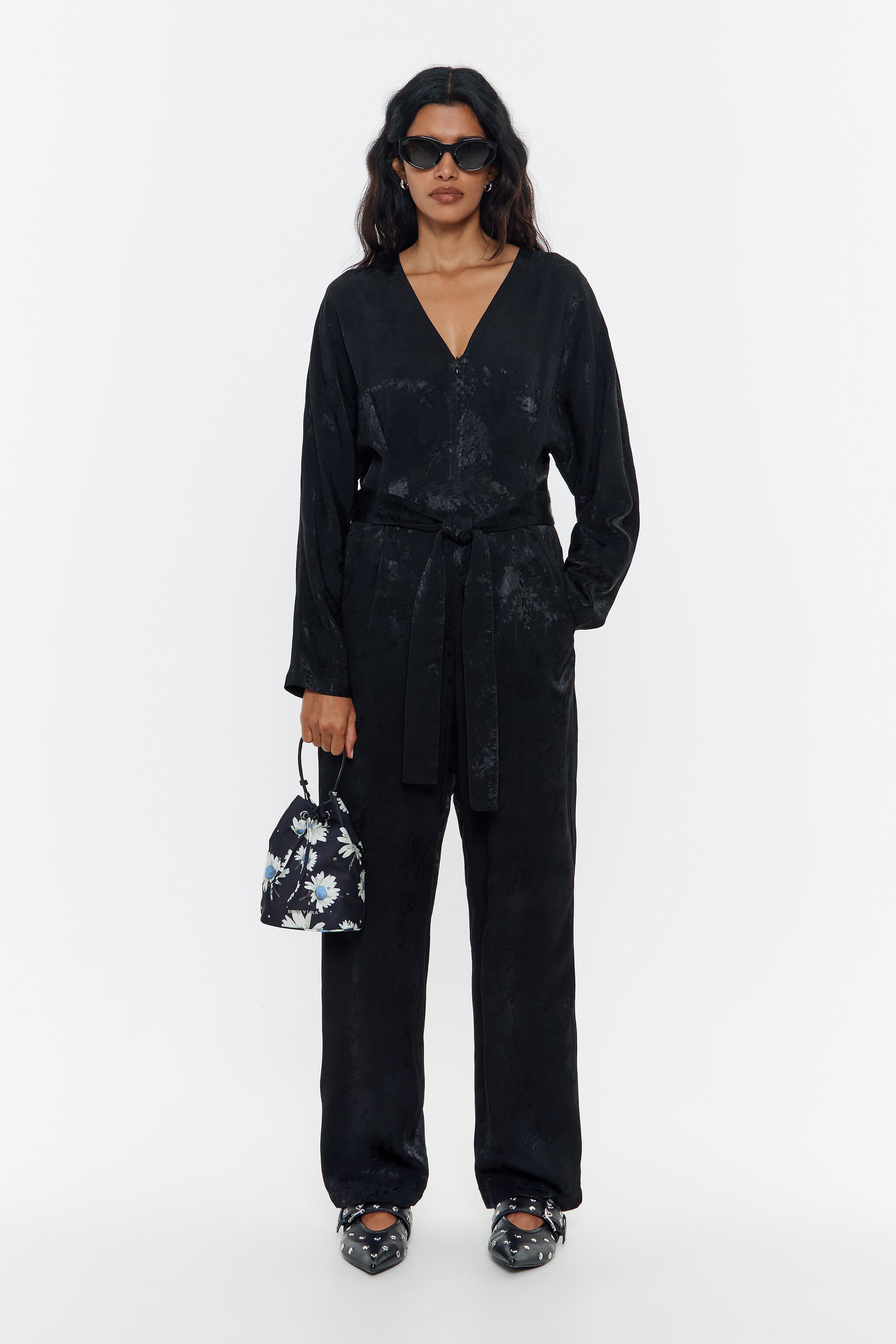 Black fluid jacquard jumpsuit