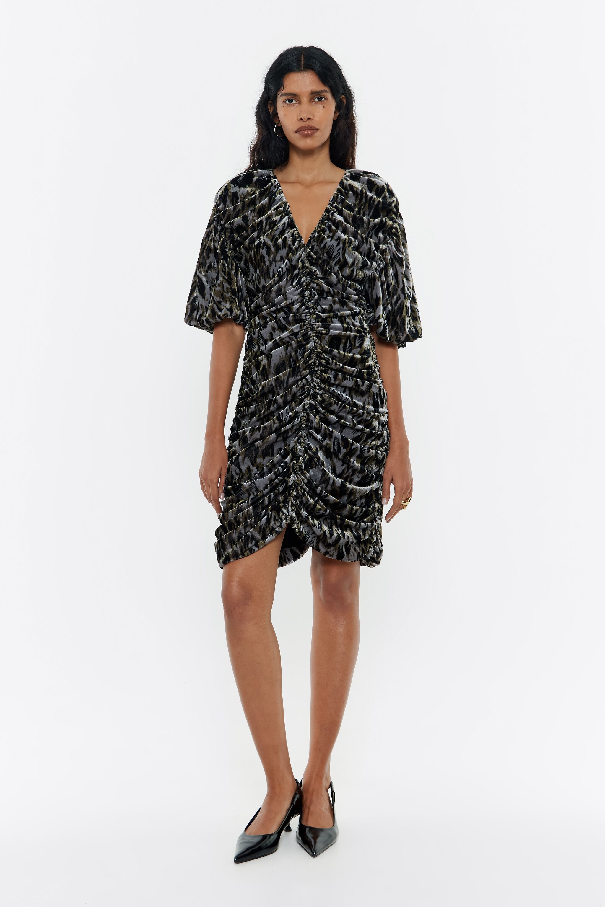 Khaki Plumancha ruched velvet dress