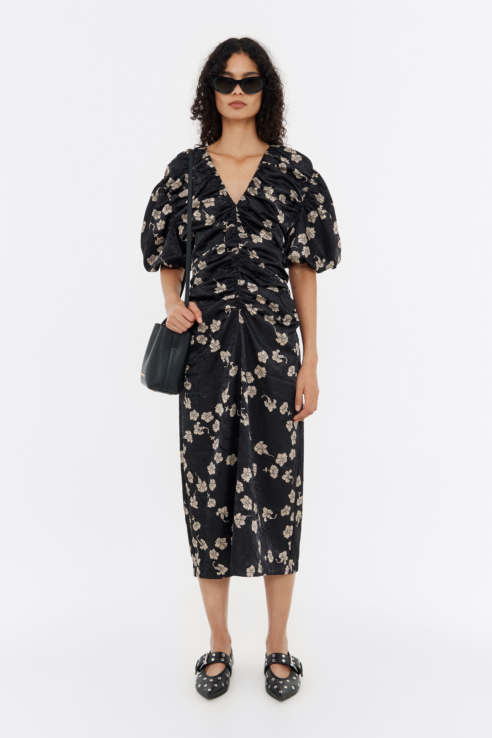 Black Carnation ruched midi dress