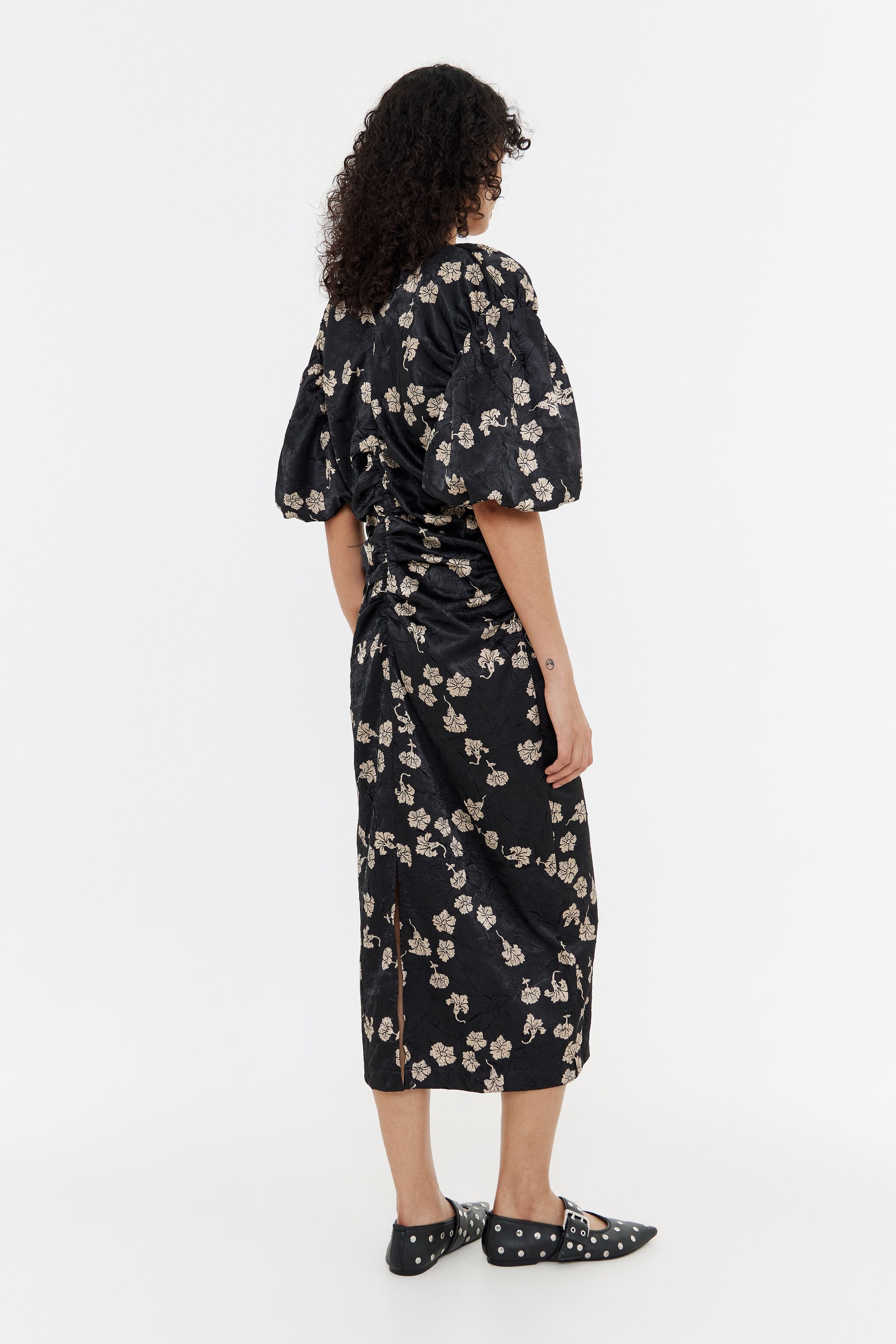 Black Carnation ruched midi dress