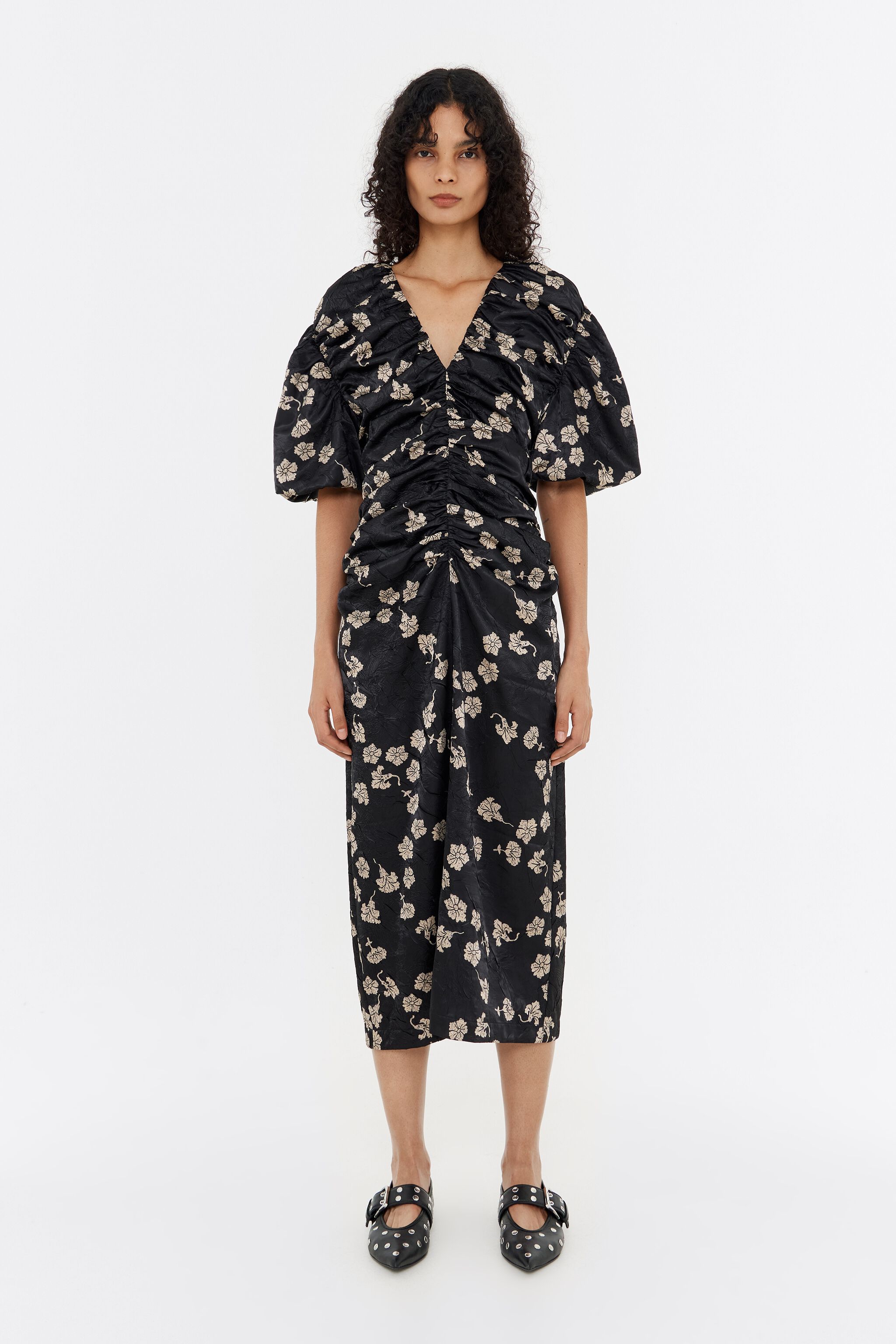 Black Carnation ruched midi dress