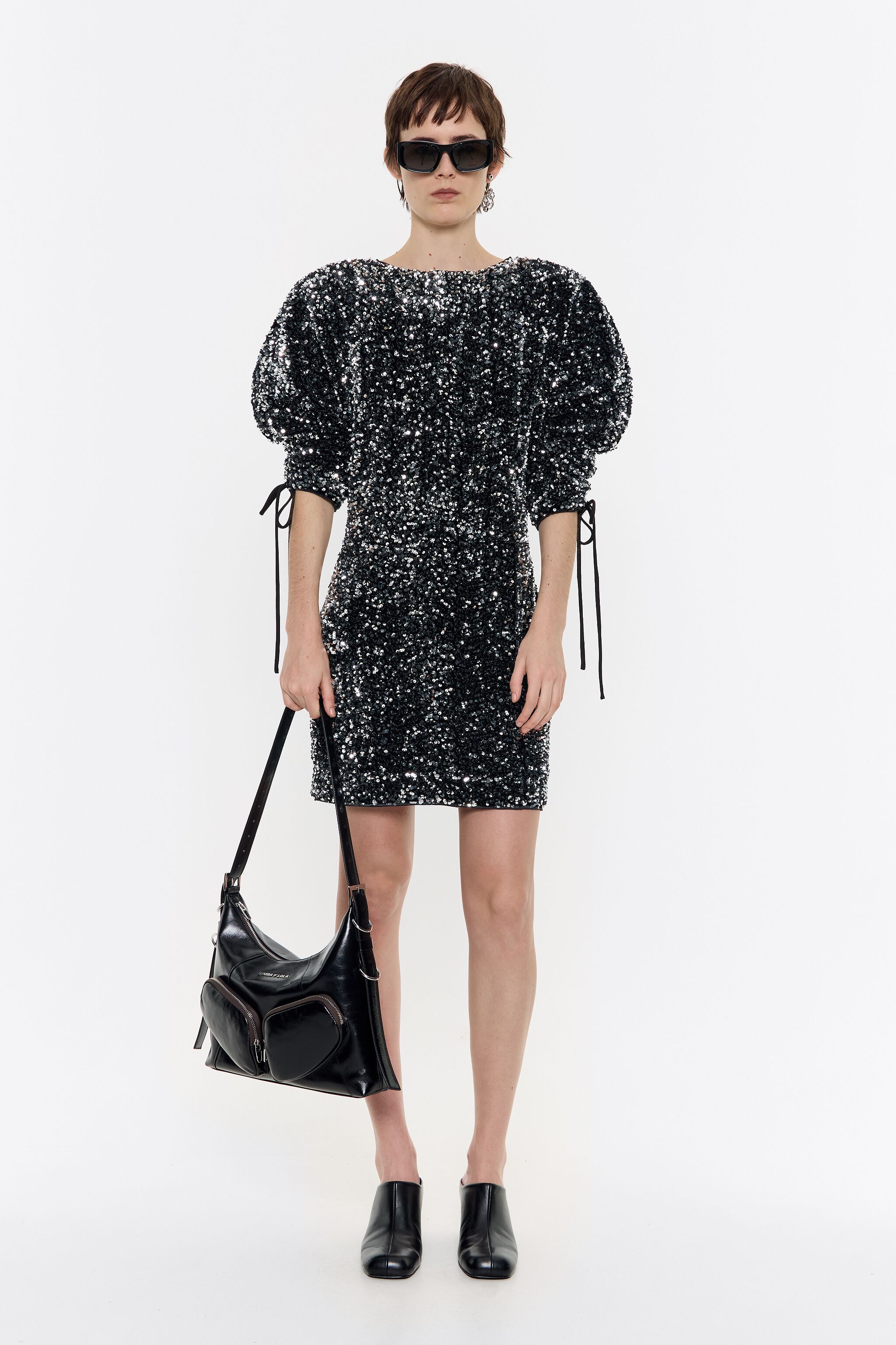 Anthracite sequin shoulder pads dress
