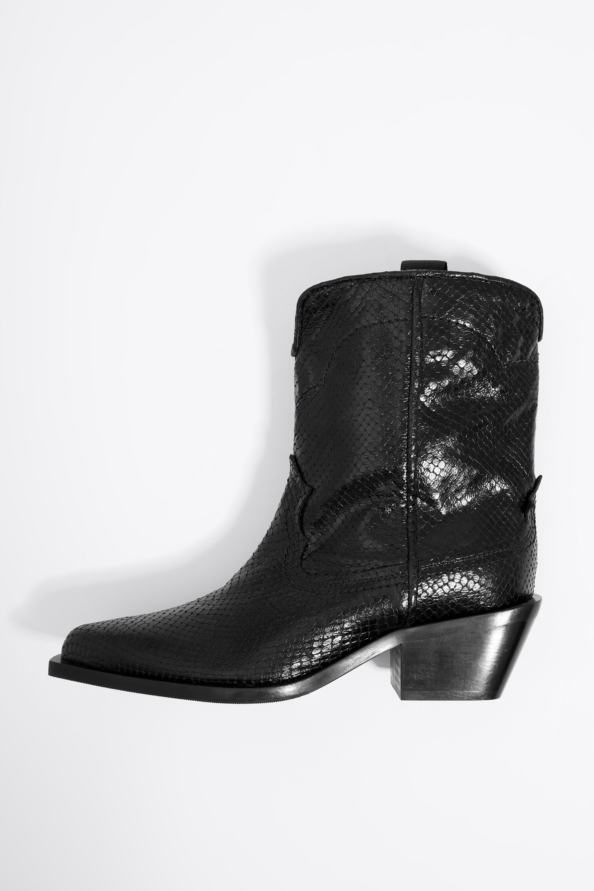 Black leather snakeskin cowboy ankle boot