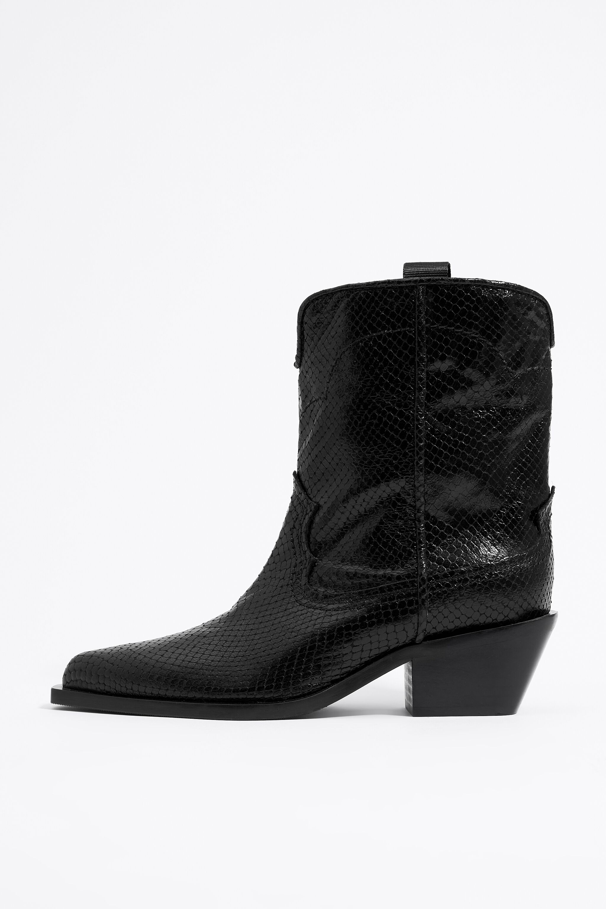 Black leather snakeskin cowboy ankle boot
