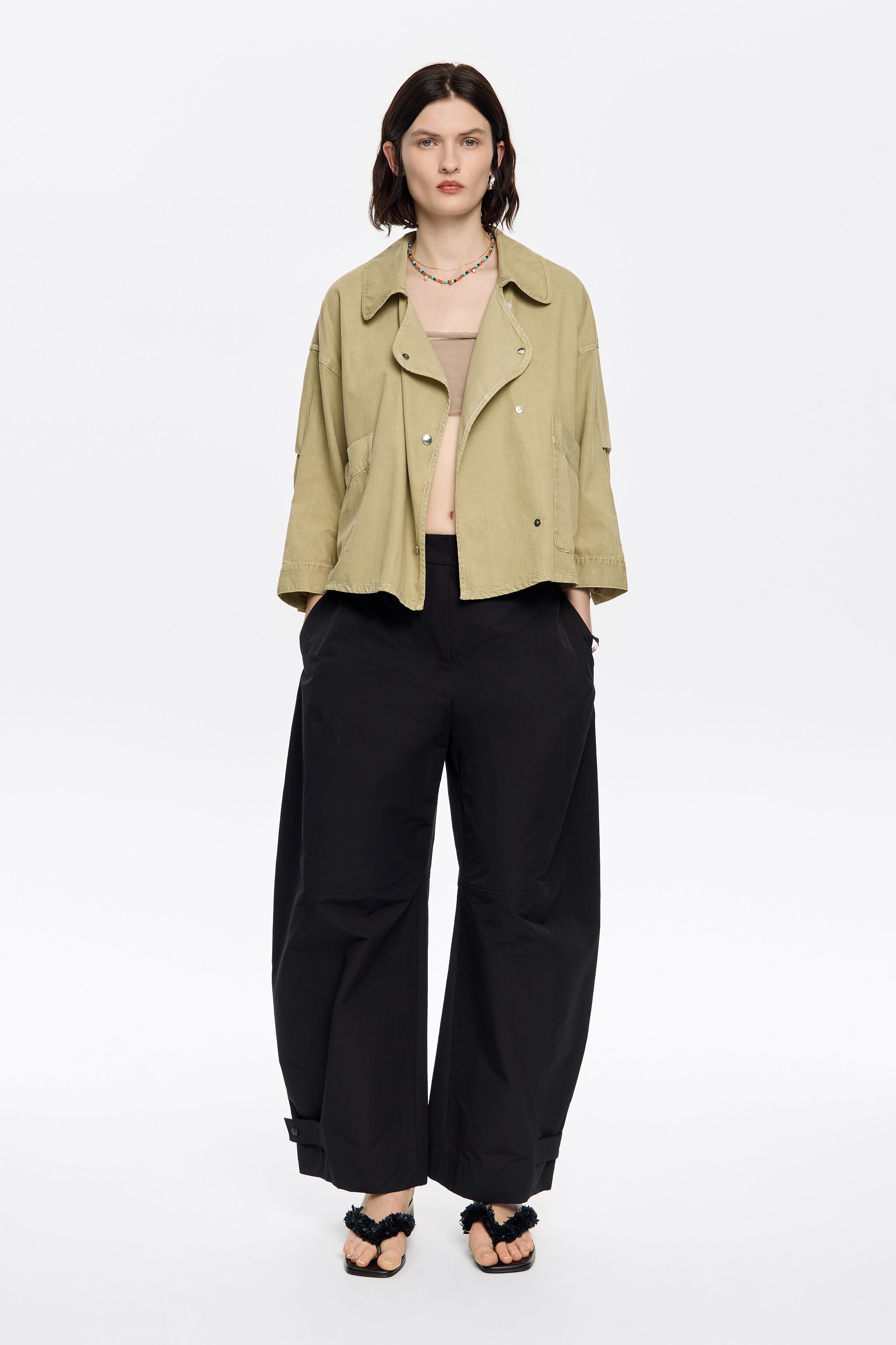 Light khaki fluid double-breasted jacket