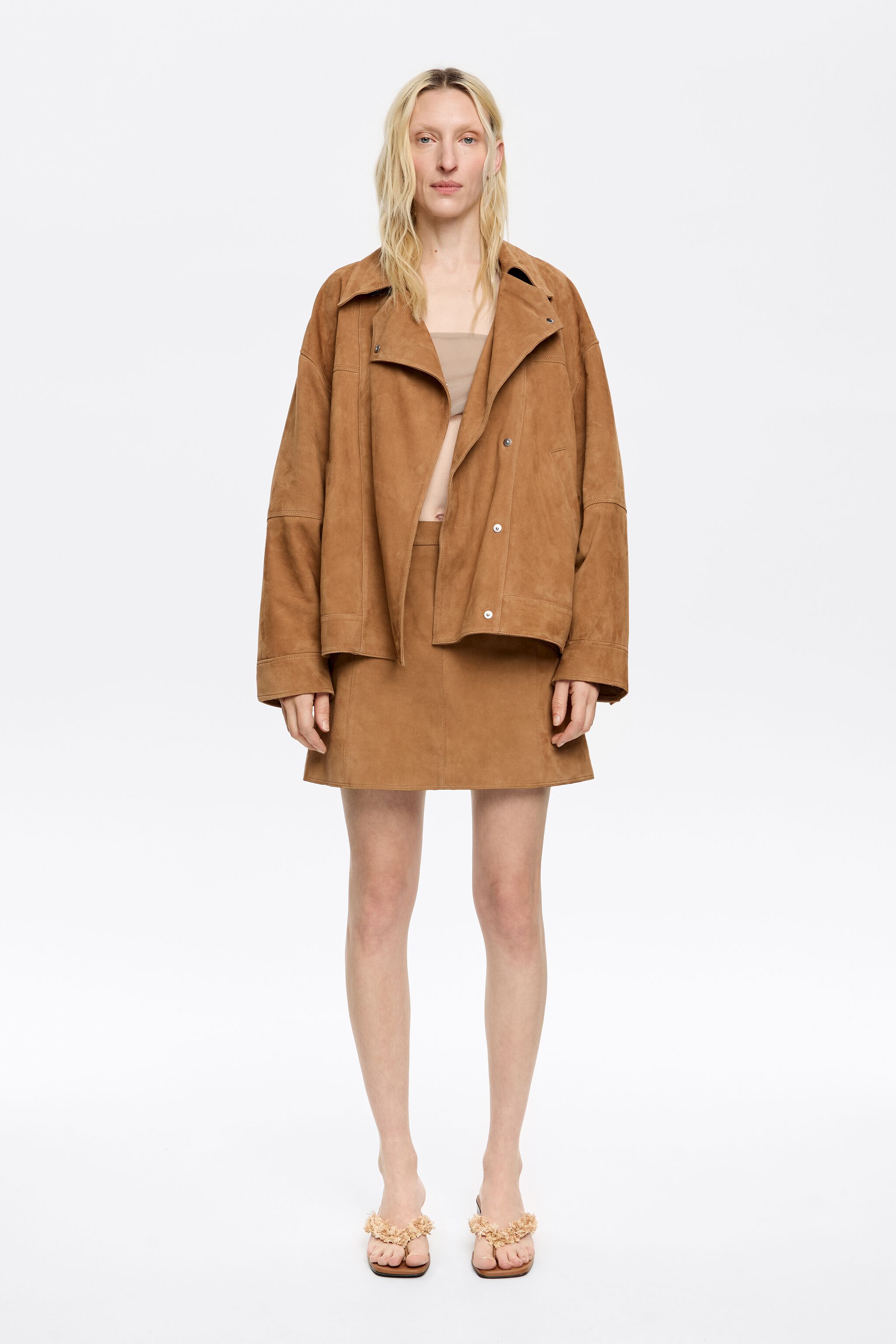 Camel suede double-breasted jacket