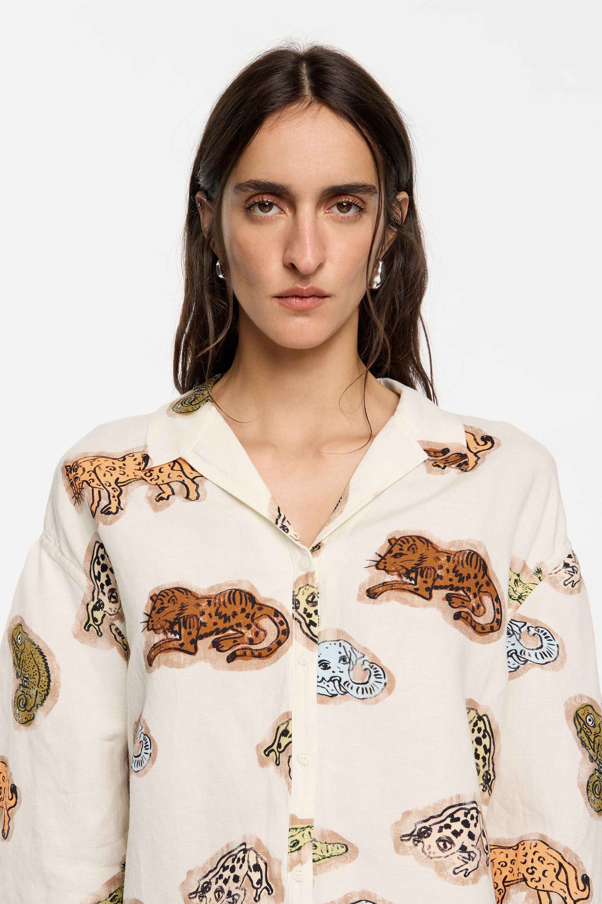 Brown Jungle Community linen boxy shirt