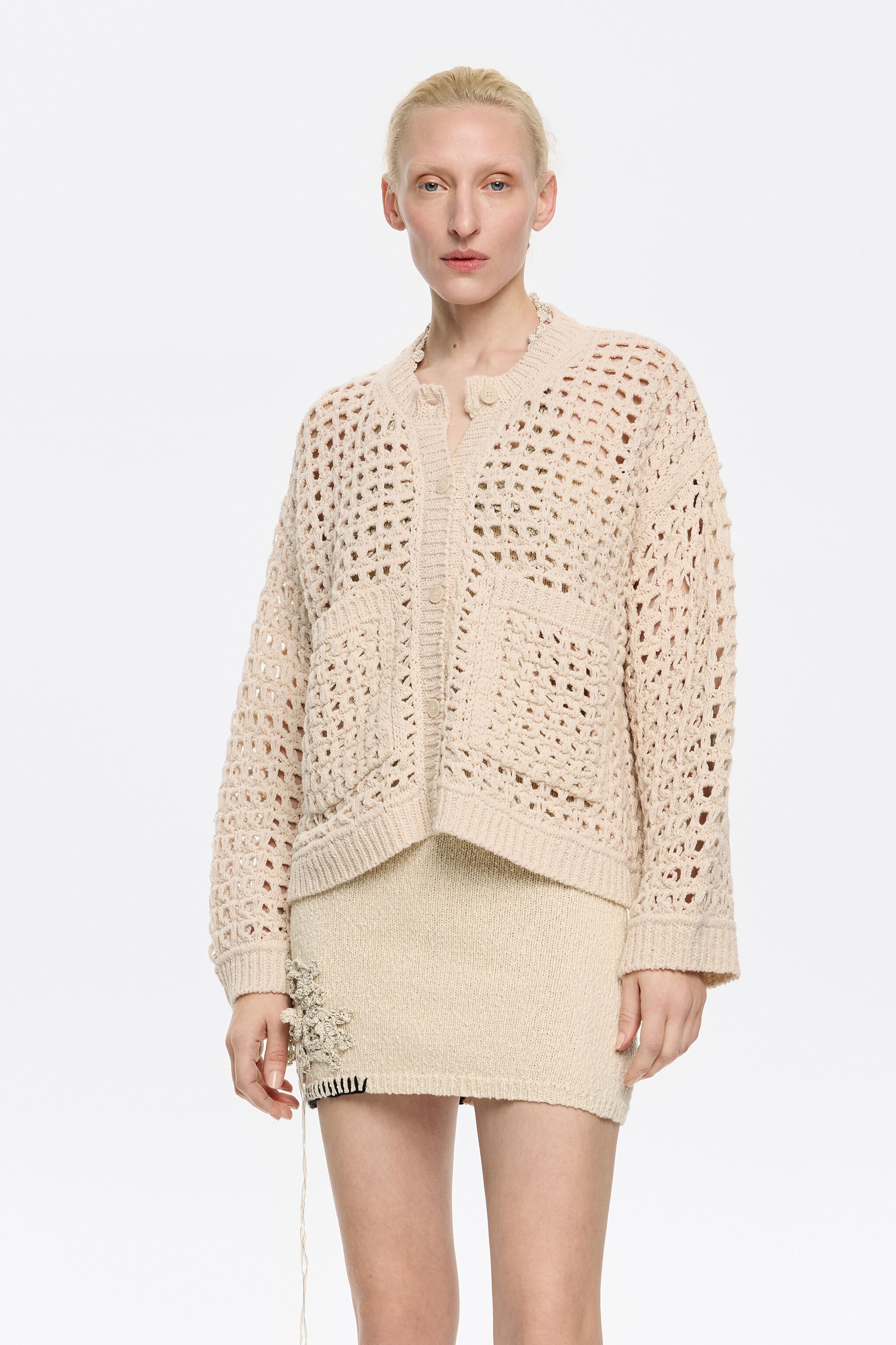 Beige straight openwork cardigan