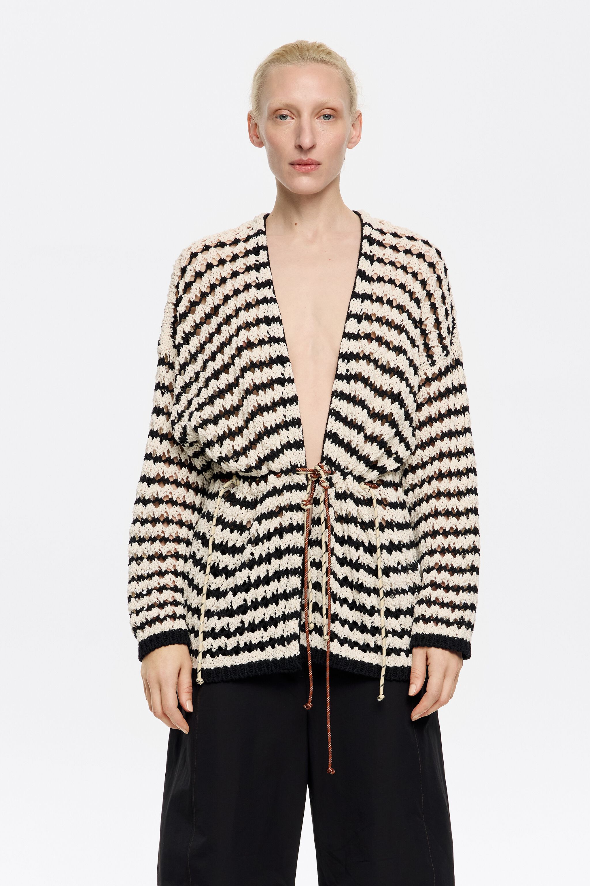 Striped cardigan with adjustable waist