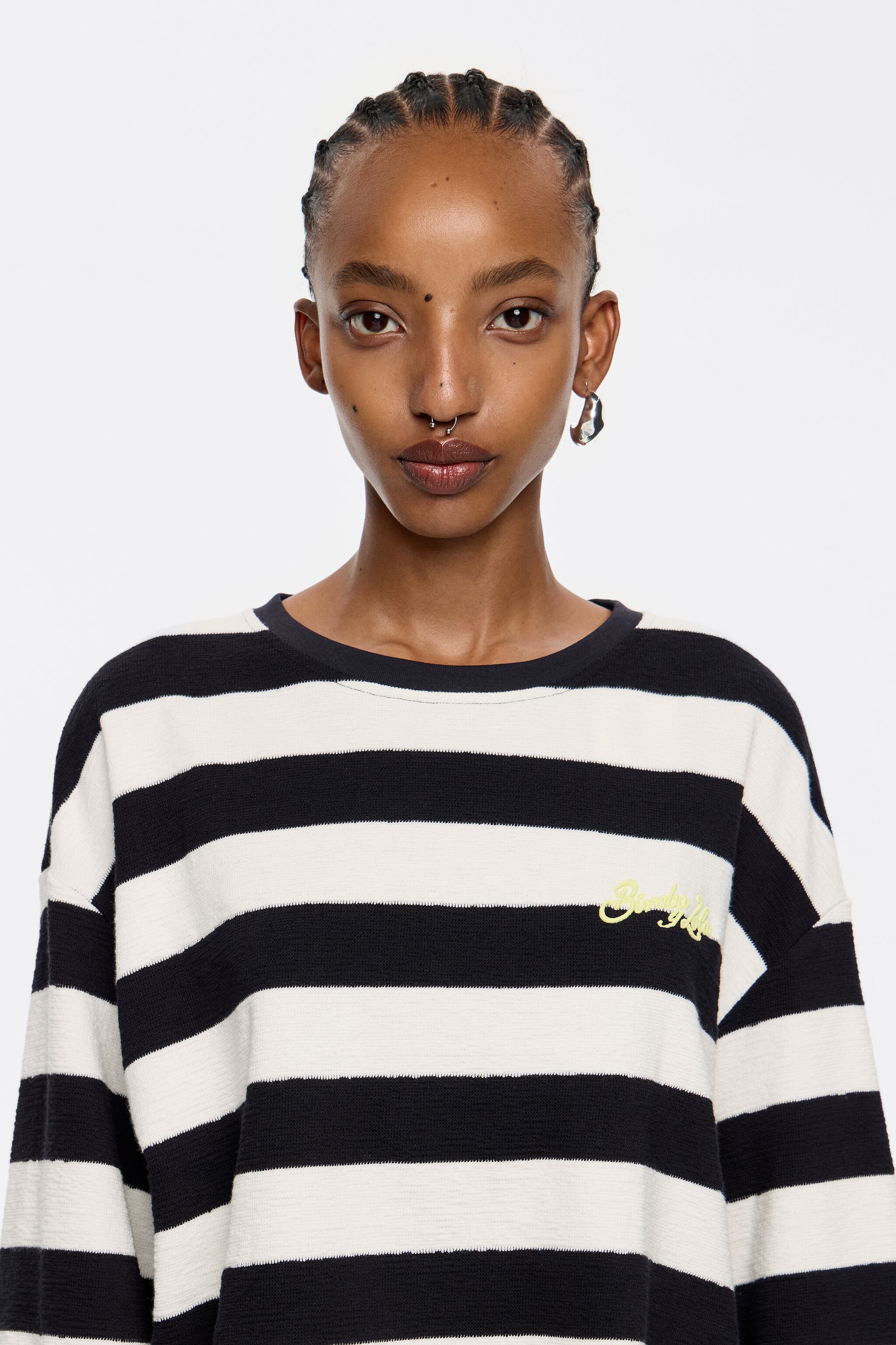 Navy blue striped cotton straight T-shirt